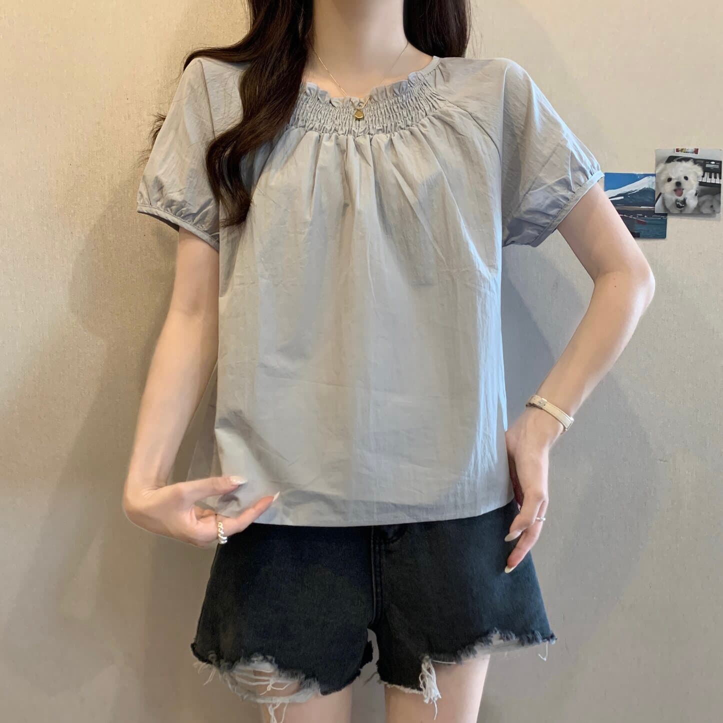 실사 빅 사이즈 여성 의류 회색 프릴 라운드 넥 반팔 셔츠 지방 mm 루즈핏 슬림해 보이는 다용도 맨위 상세 이미지 9