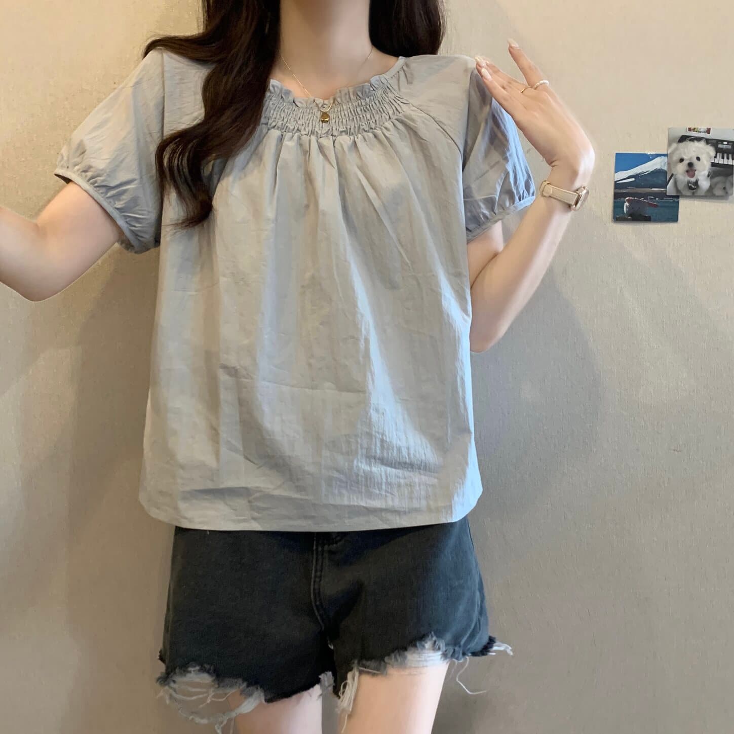 실사 빅 사이즈 여성 의류 회색 프릴 라운드 넥 반팔 셔츠 지방 mm 루즈핏 슬림해 보이는 다용도 맨위 상세 이미지 10