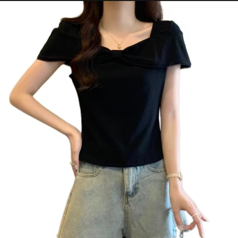 실사 빅 사이즈 여성 의류 프랑스식 광장 칼라 나비 매듭 반팔 티셔츠 지방 mm 몸매 가꾸기 슬림해 보이는 다용도 맨위 이미지 5