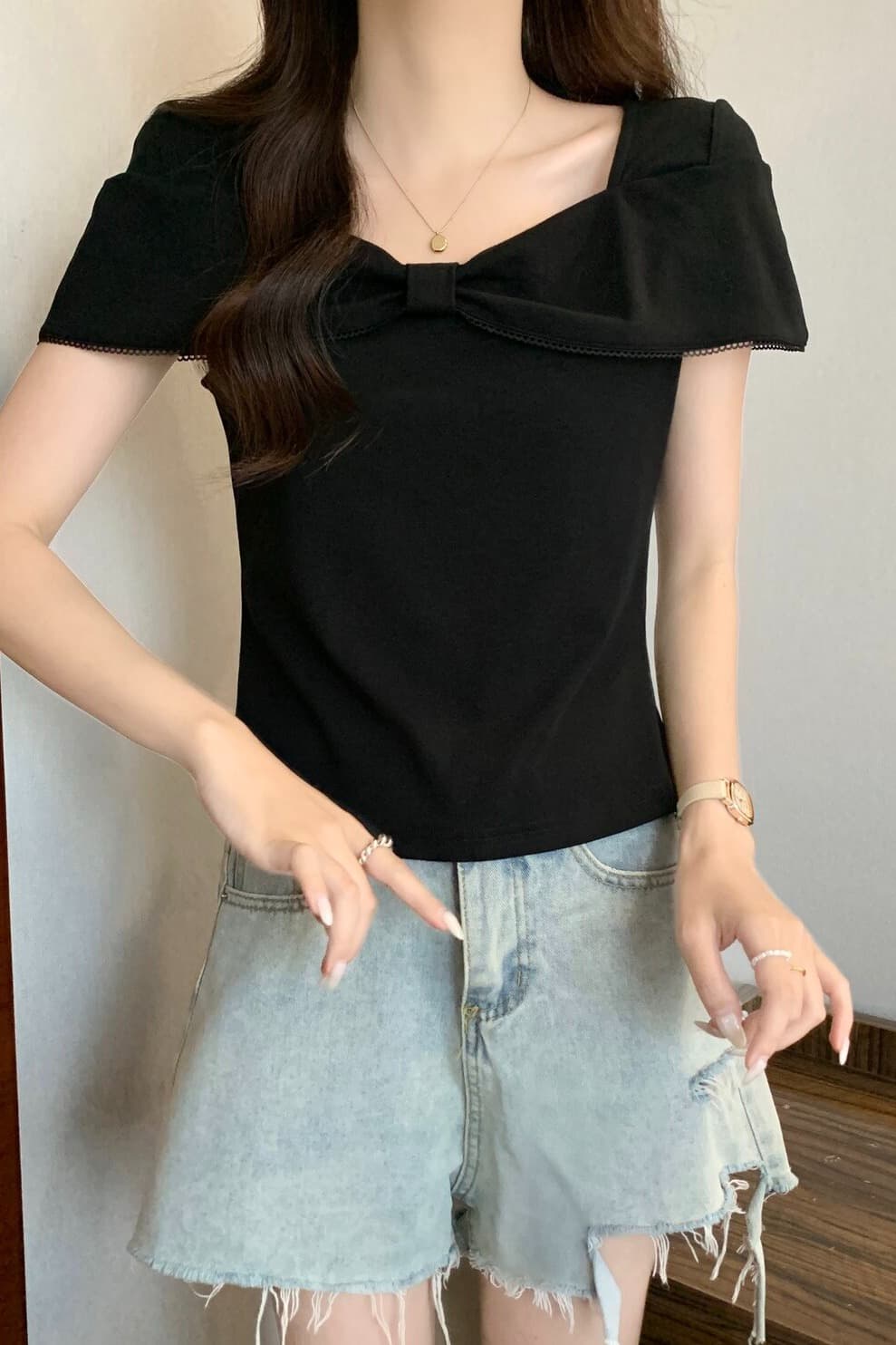 실사 빅 사이즈 여성 의류 프랑스식 광장 칼라 나비 매듭 반팔 티셔츠 지방 mm 몸매 가꾸기 슬림해 보이는 다용도 맨위 이미지 6