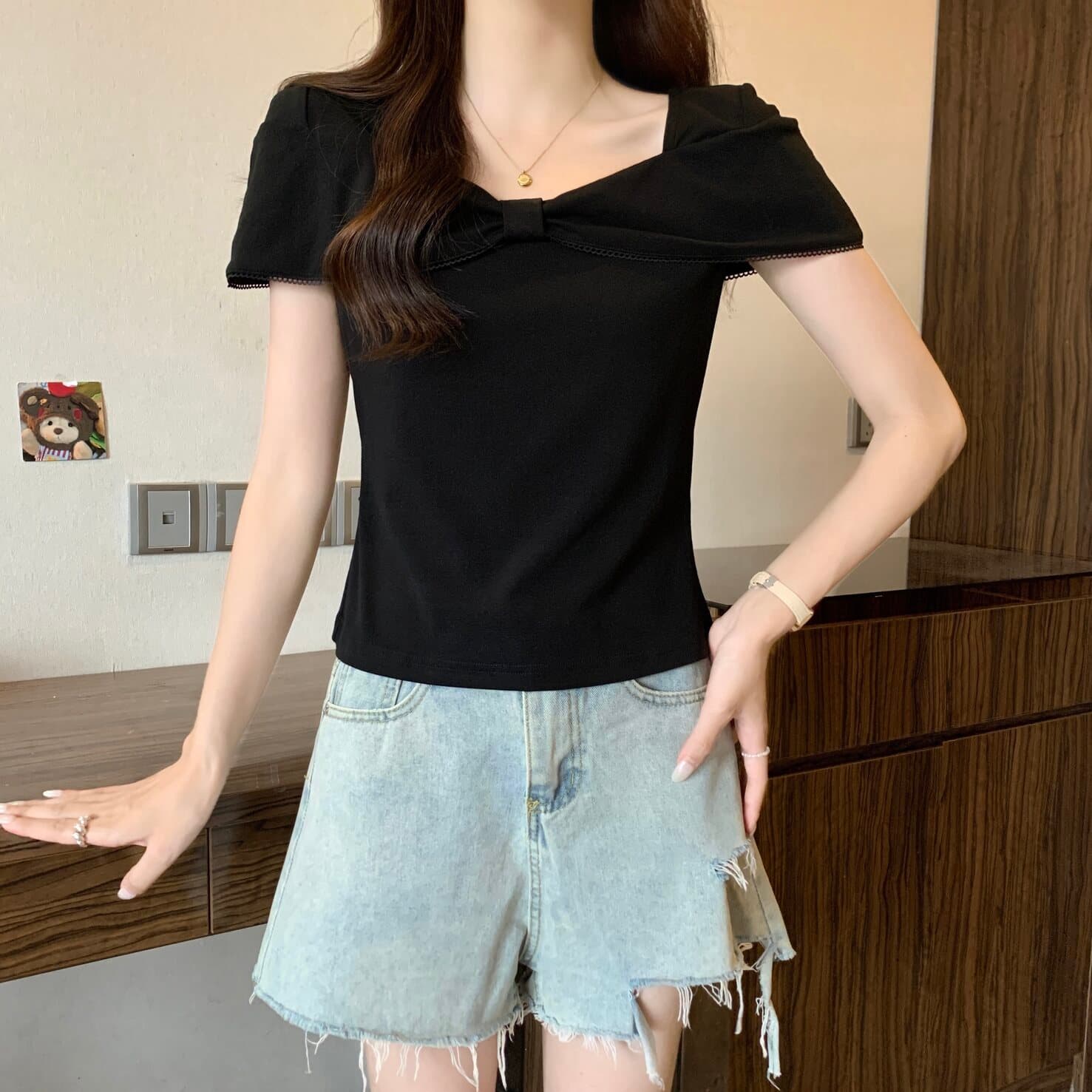 실사 빅 사이즈 여성 의류 프랑스식 광장 칼라 나비 매듭 반팔 티셔츠 지방 mm 몸매 가꾸기 슬림해 보이는 다용도 맨위 상세 이미지 2