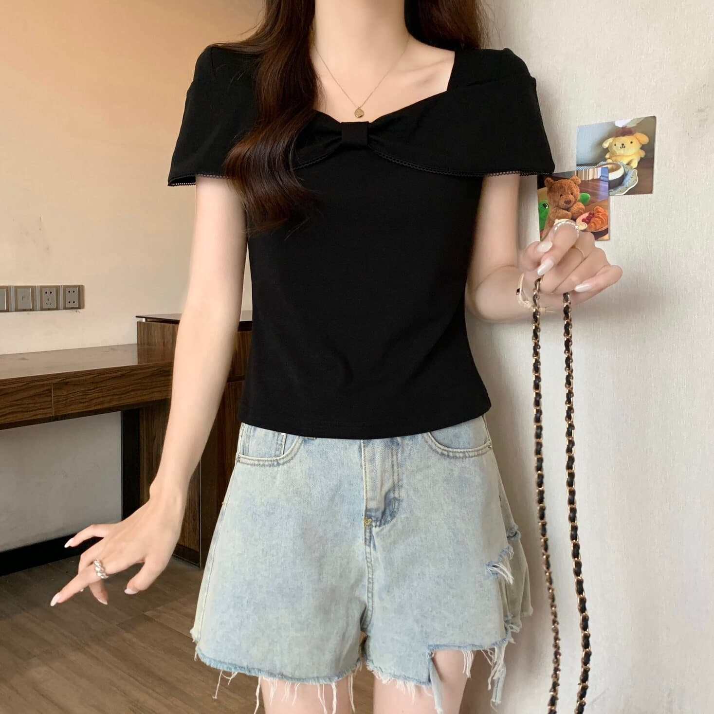 실사 빅 사이즈 여성 의류 프랑스식 광장 칼라 나비 매듭 반팔 티셔츠 지방 mm 몸매 가꾸기 슬림해 보이는 다용도 맨위 상세 이미지 5