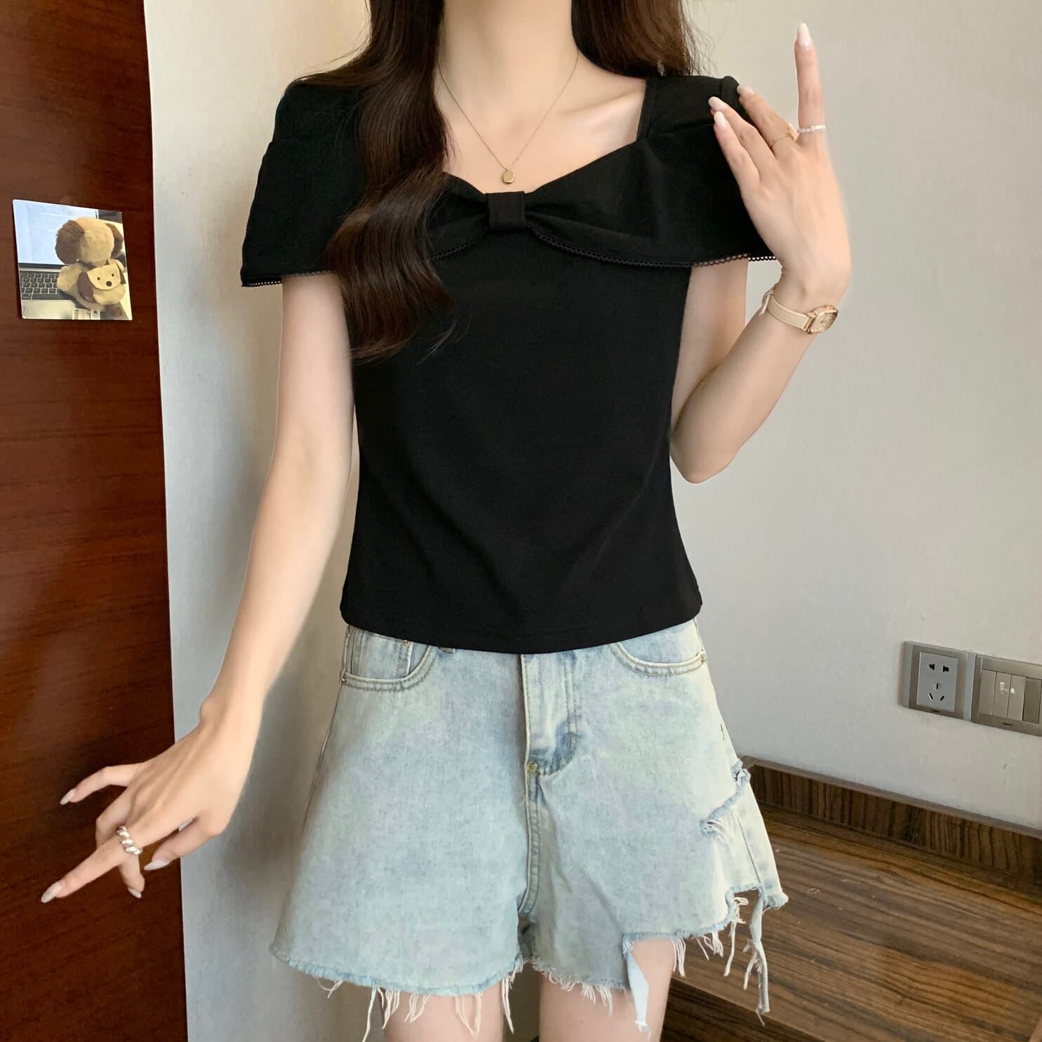 실사 빅 사이즈 여성 의류 프랑스식 광장 칼라 나비 매듭 반팔 티셔츠 지방 mm 몸매 가꾸기 슬림해 보이는 다용도 맨위 상세 이미지 6