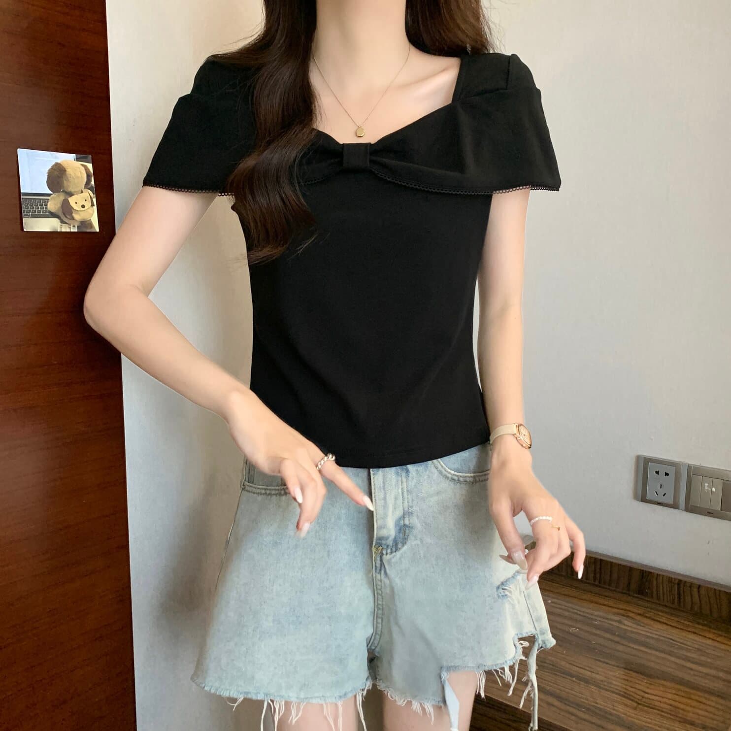 실사 빅 사이즈 여성 의류 프랑스식 광장 칼라 나비 매듭 반팔 티셔츠 지방 mm 몸매 가꾸기 슬림해 보이는 다용도 맨위 상세 이미지 7