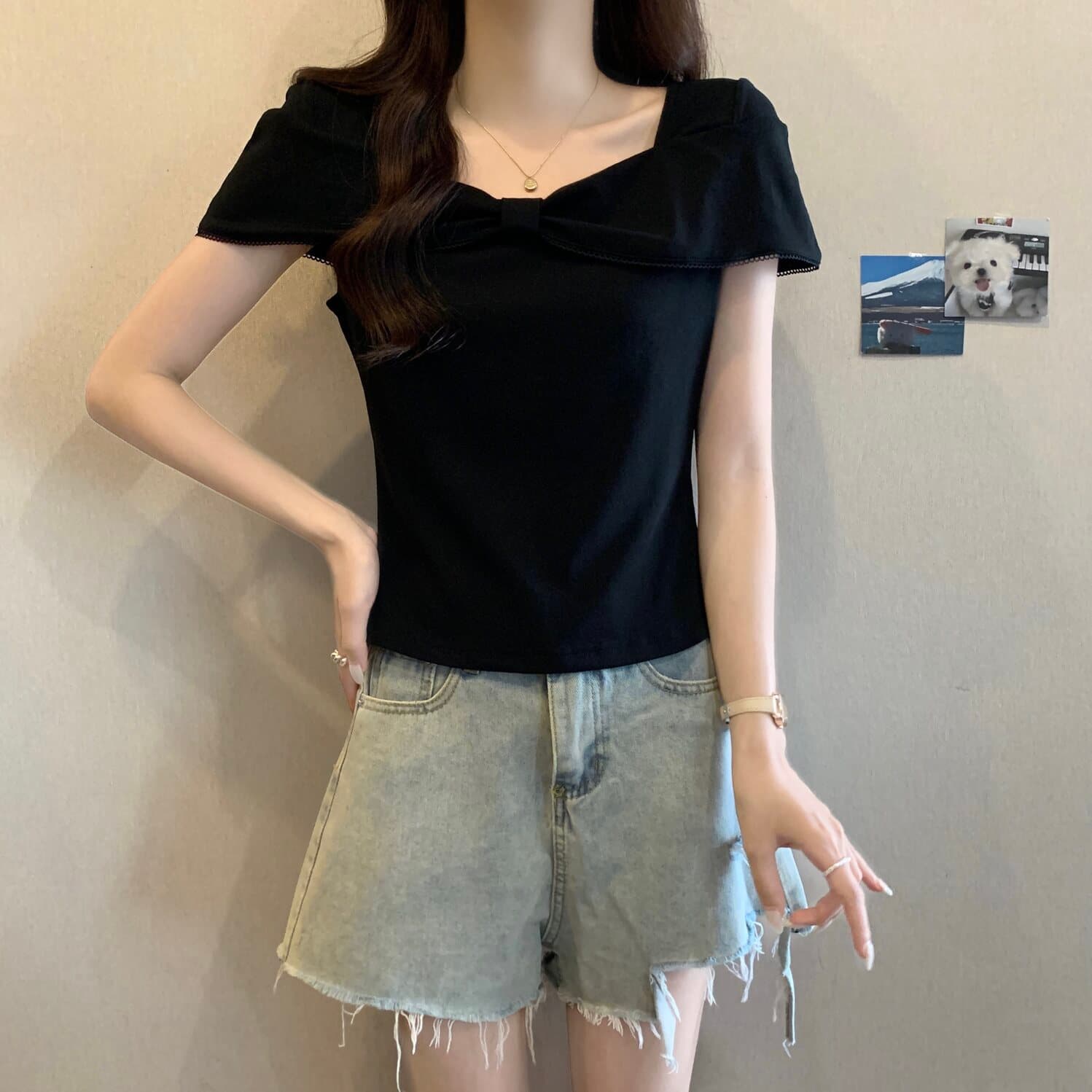 실사 빅 사이즈 여성 의류 프랑스식 광장 칼라 나비 매듭 반팔 티셔츠 지방 mm 몸매 가꾸기 슬림해 보이는 다용도 맨위 상세 이미지 8