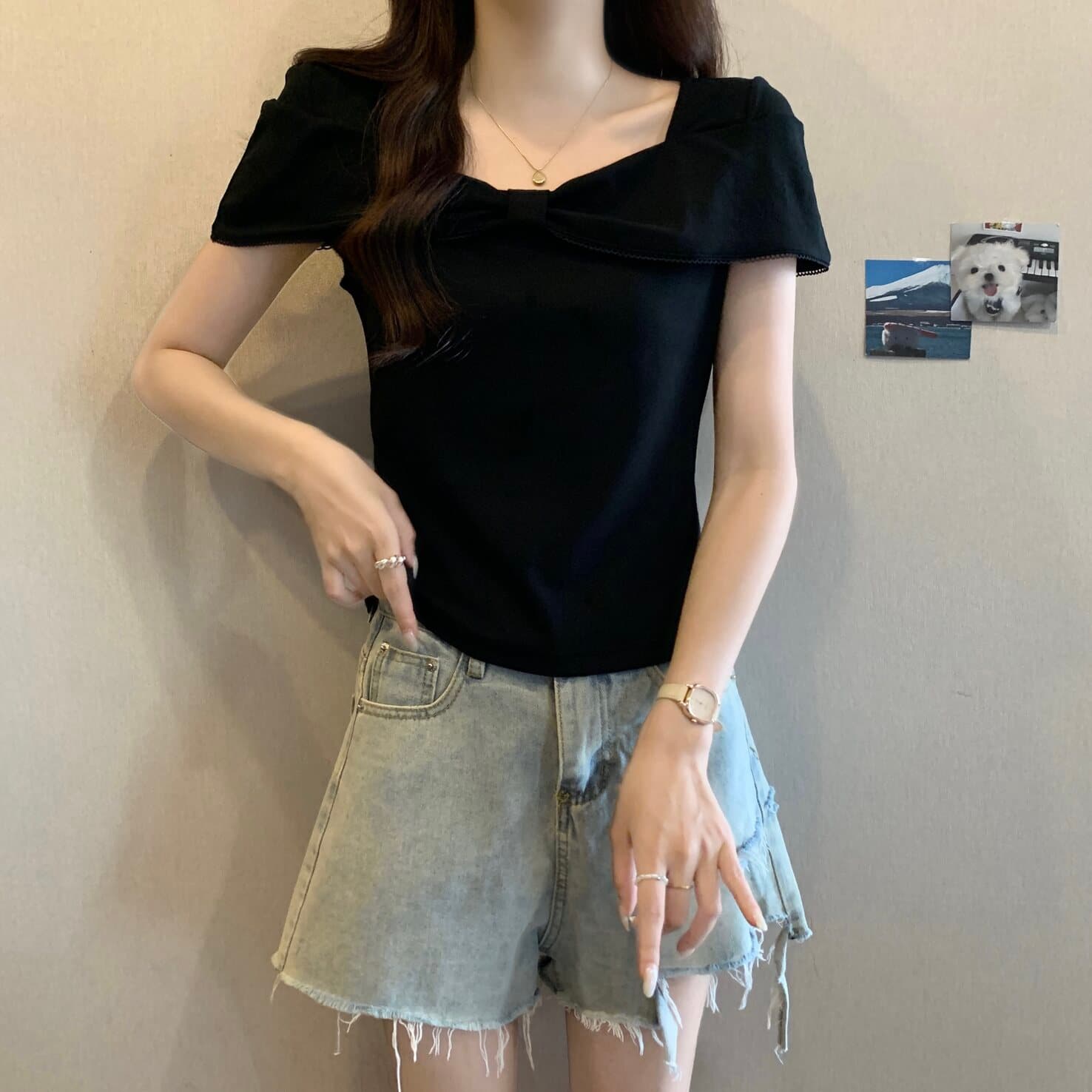 실사 빅 사이즈 여성 의류 프랑스식 광장 칼라 나비 매듭 반팔 티셔츠 지방 mm 몸매 가꾸기 슬림해 보이는 다용도 맨위 상세 이미지 9