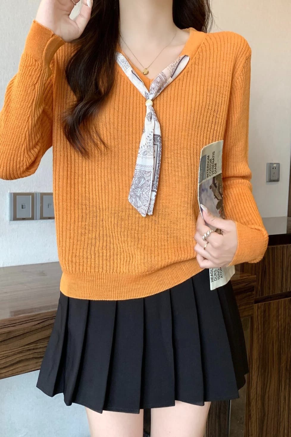 실사 빅 사이즈 여성 의류 한 부서 스카프 V넥 긴팔 니트 스웨터 지방 mm 루즈핏 다용도 맨위 이미지 6
