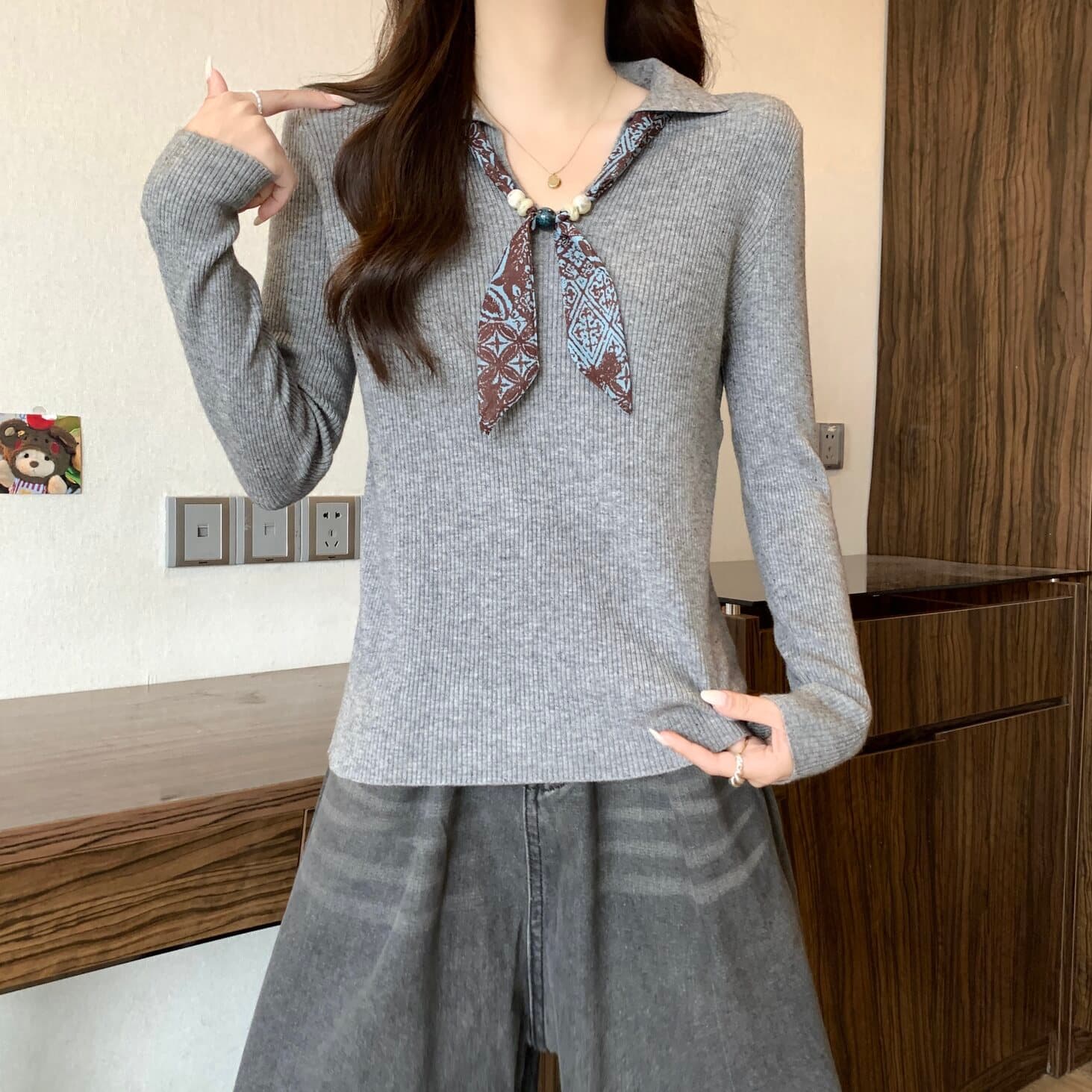 실사 빅 사이즈 여성 의류 오래된 돈 바람 리본 POLO 칼라 색상 포인트 실 긴팔 니트 스웨터 지방 mm 다용도 맨위 이미지 3