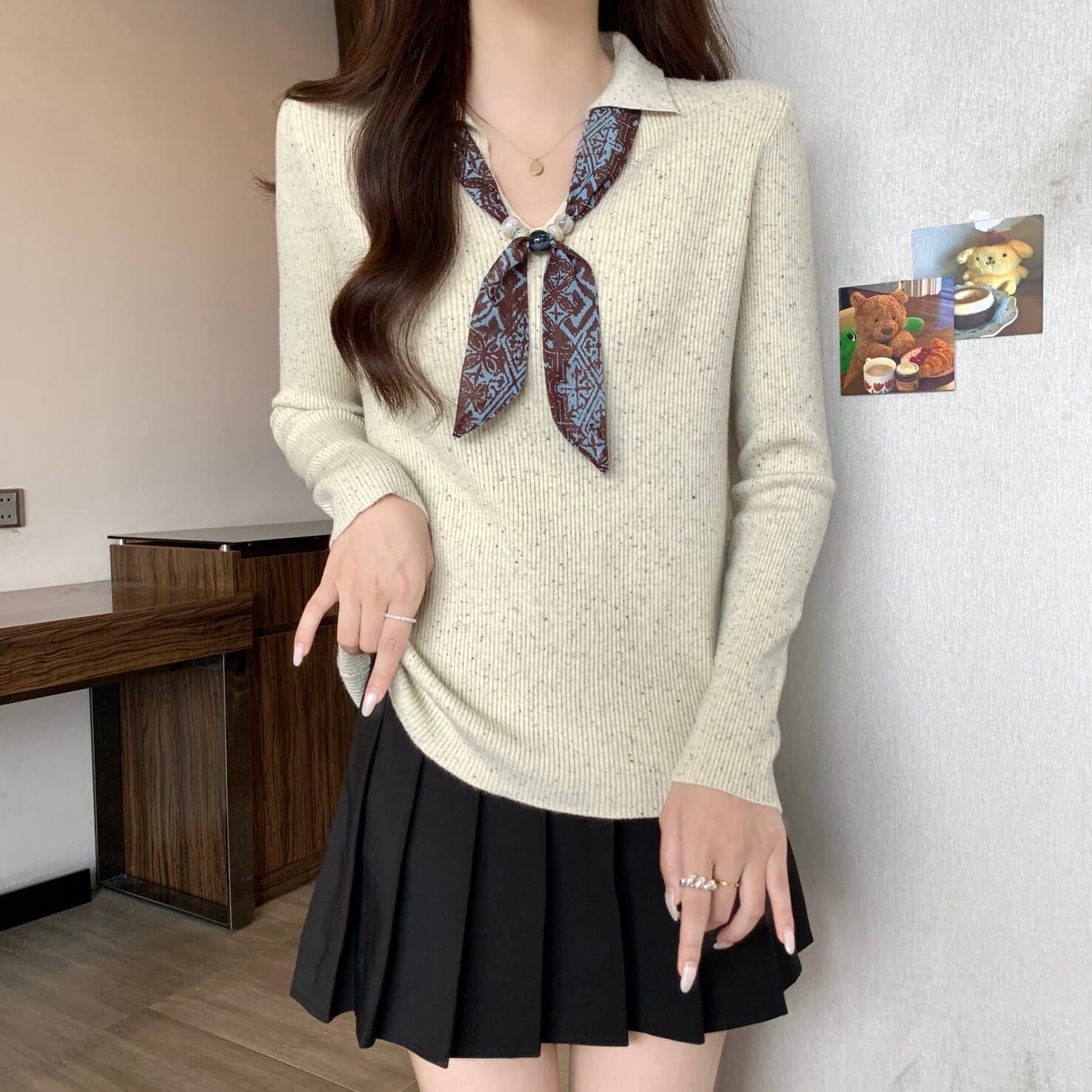 실사 빅 사이즈 여성 의류 오래된 돈 바람 리본 POLO 칼라 색상 포인트 실 긴팔 니트 스웨터 지방 mm 다용도 맨위 상세 이미지 7