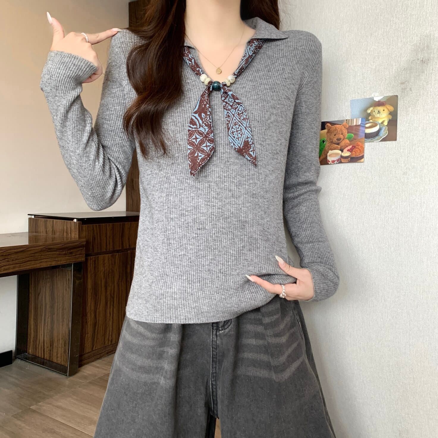 실사 빅 사이즈 여성 의류 오래된 돈 바람 리본 POLO 칼라 색상 포인트 실 긴팔 니트 스웨터 지방 mm 다용도 맨위 상세 이미지 11