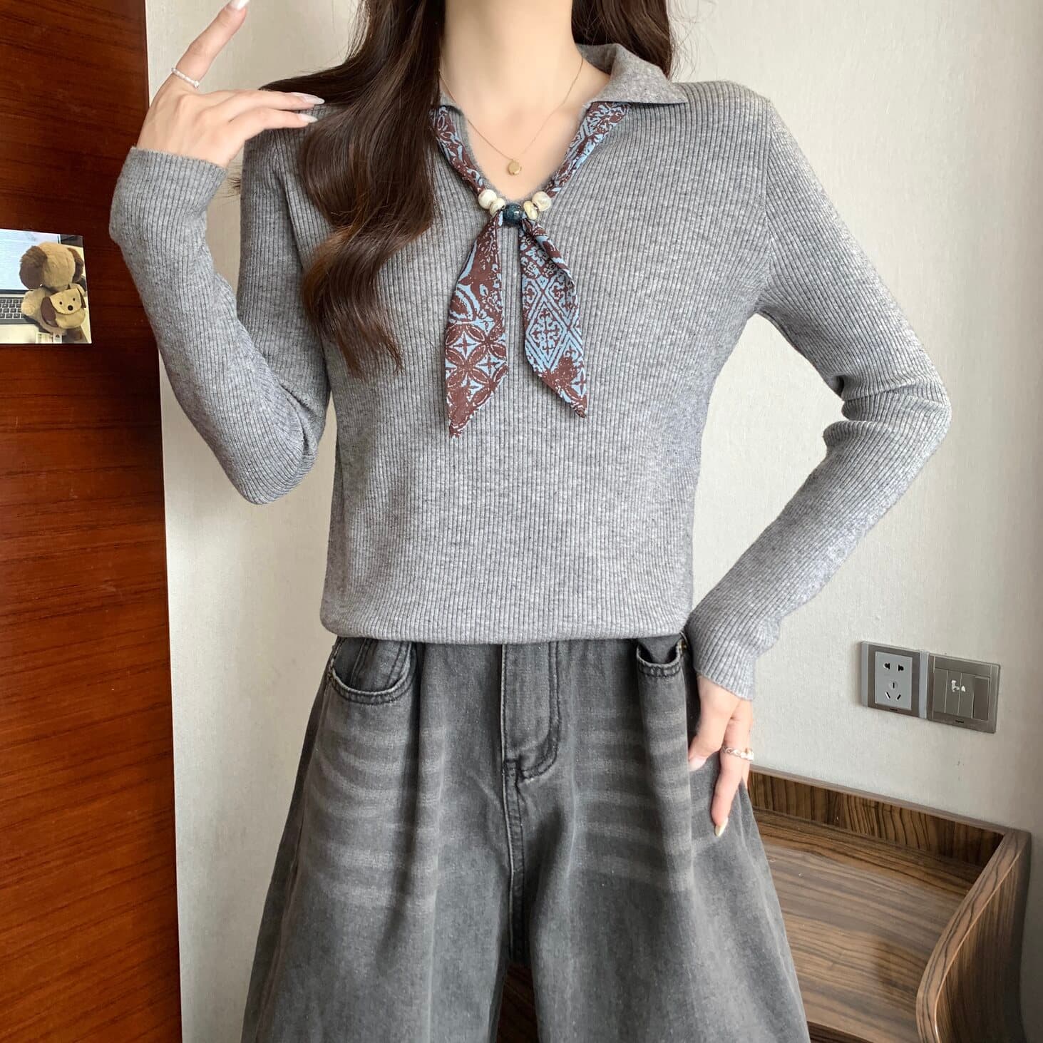 실사 빅 사이즈 여성 의류 오래된 돈 바람 리본 POLO 칼라 색상 포인트 실 긴팔 니트 스웨터 지방 mm 다용도 맨위 상세 이미지 14