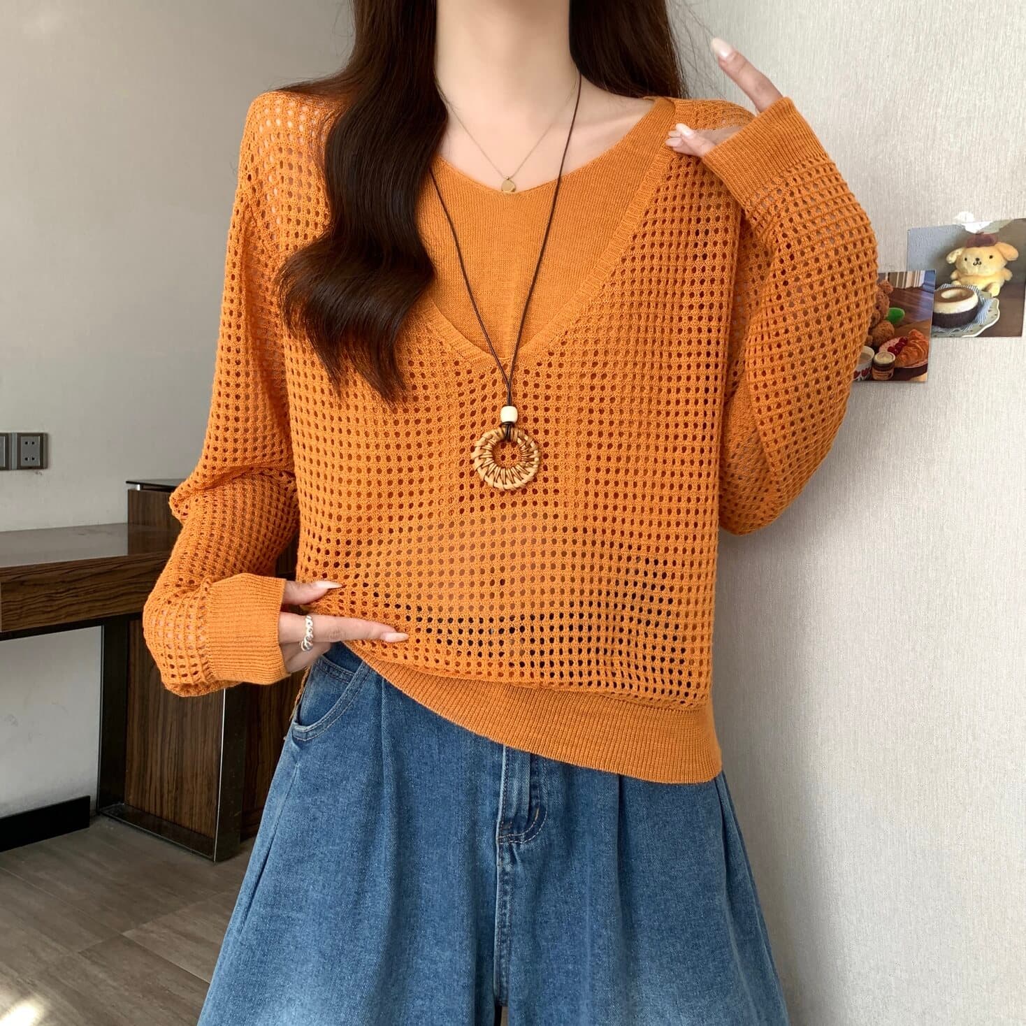 실사 빅 사이즈 여성 의류 한 부서 V넥 홀로우 아웃 페이크 레이어드 긴팔 니트 스웨터 지방 mm 루즈핏 다용도 맨위 상세 이미지 5