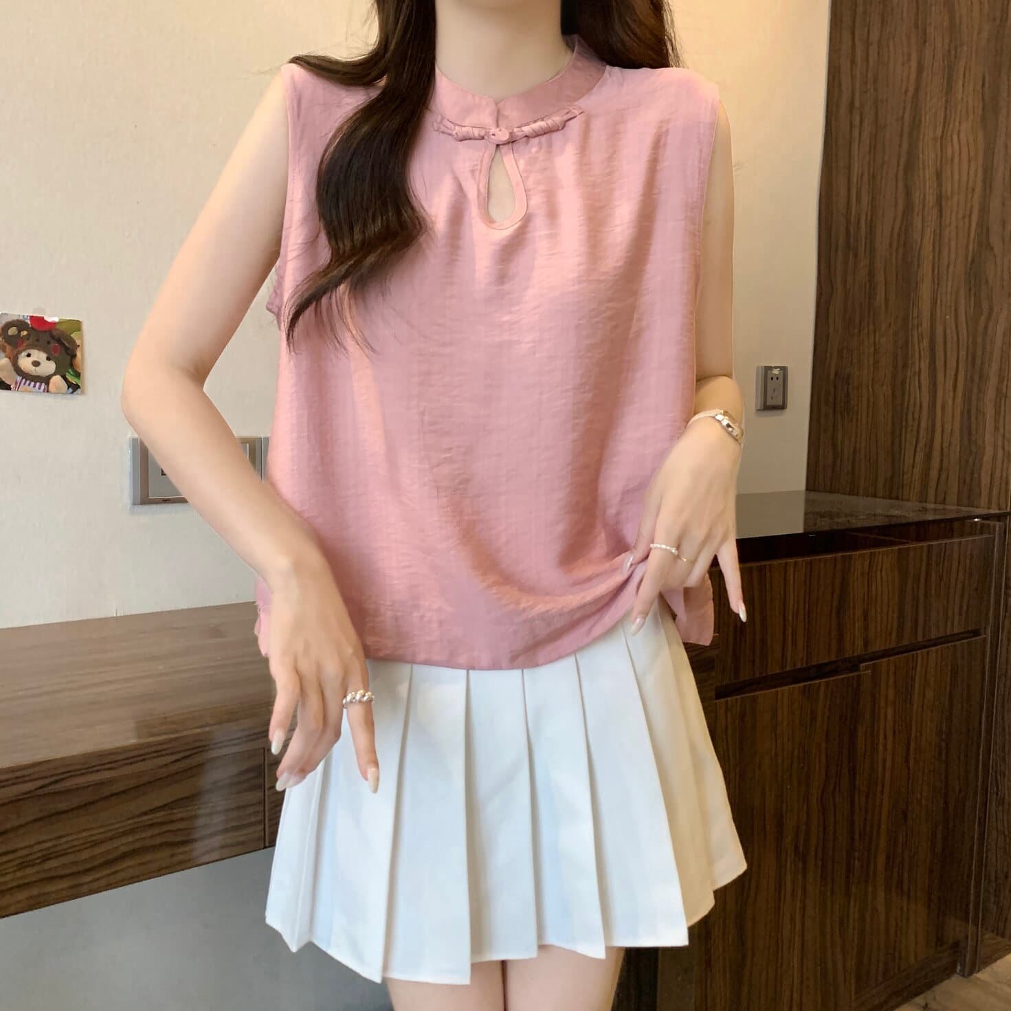 실사 빅 사이즈 여성 의류 새로운 중식 국풍 단추 스탠드 칼라 민소매 셔츠 지방 mm 루즈핏 다용도 맨위 상세 이미지 8