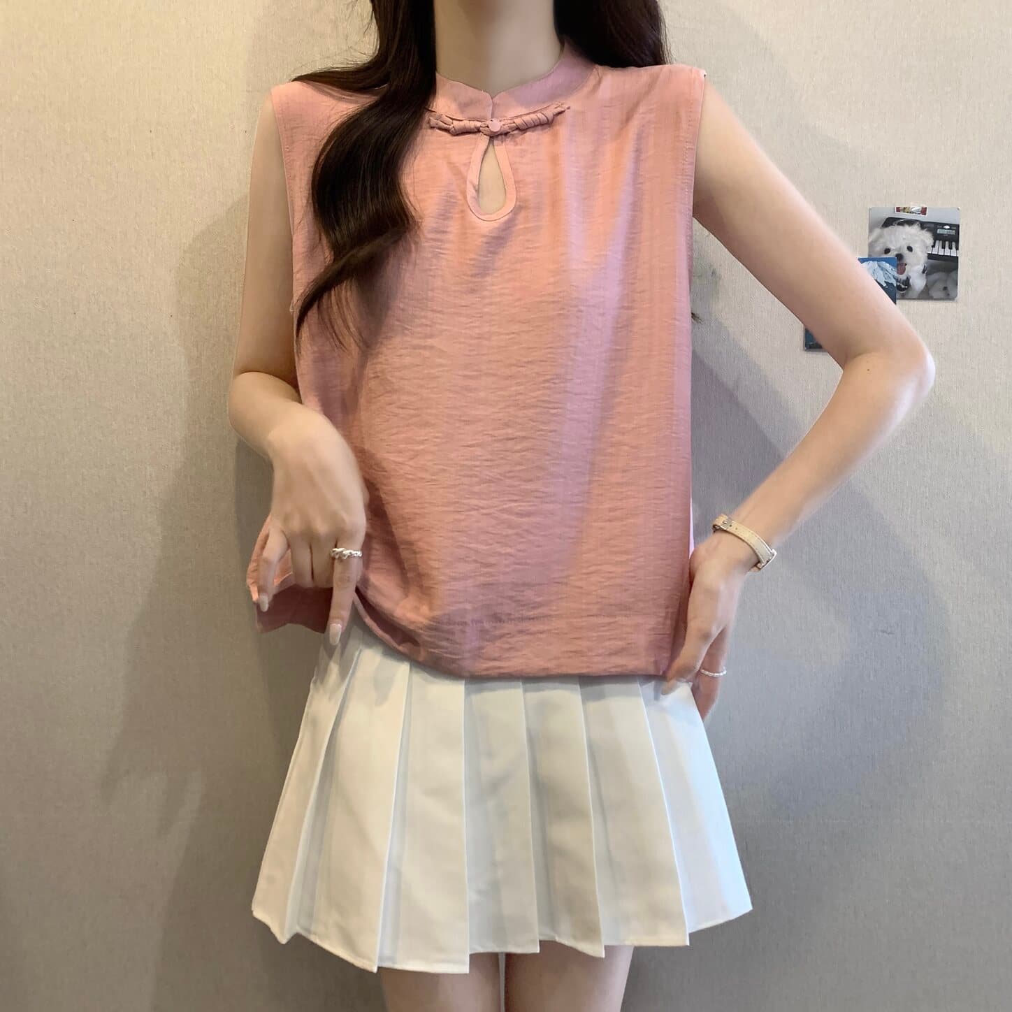 실사 빅 사이즈 여성 의류 새로운 중식 국풍 단추 스탠드 칼라 민소매 셔츠 지방 mm 루즈핏 다용도 맨위 상세 이미지 9