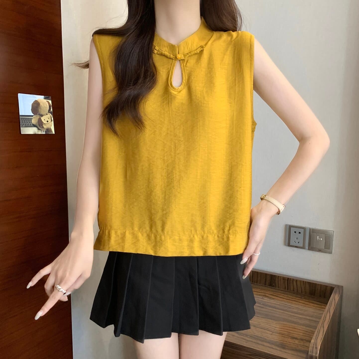실사 빅 사이즈 여성 의류 새로운 중식 국풍 단추 스탠드 칼라 민소매 셔츠 지방 mm 루즈핏 다용도 맨위 상세 이미지 13
