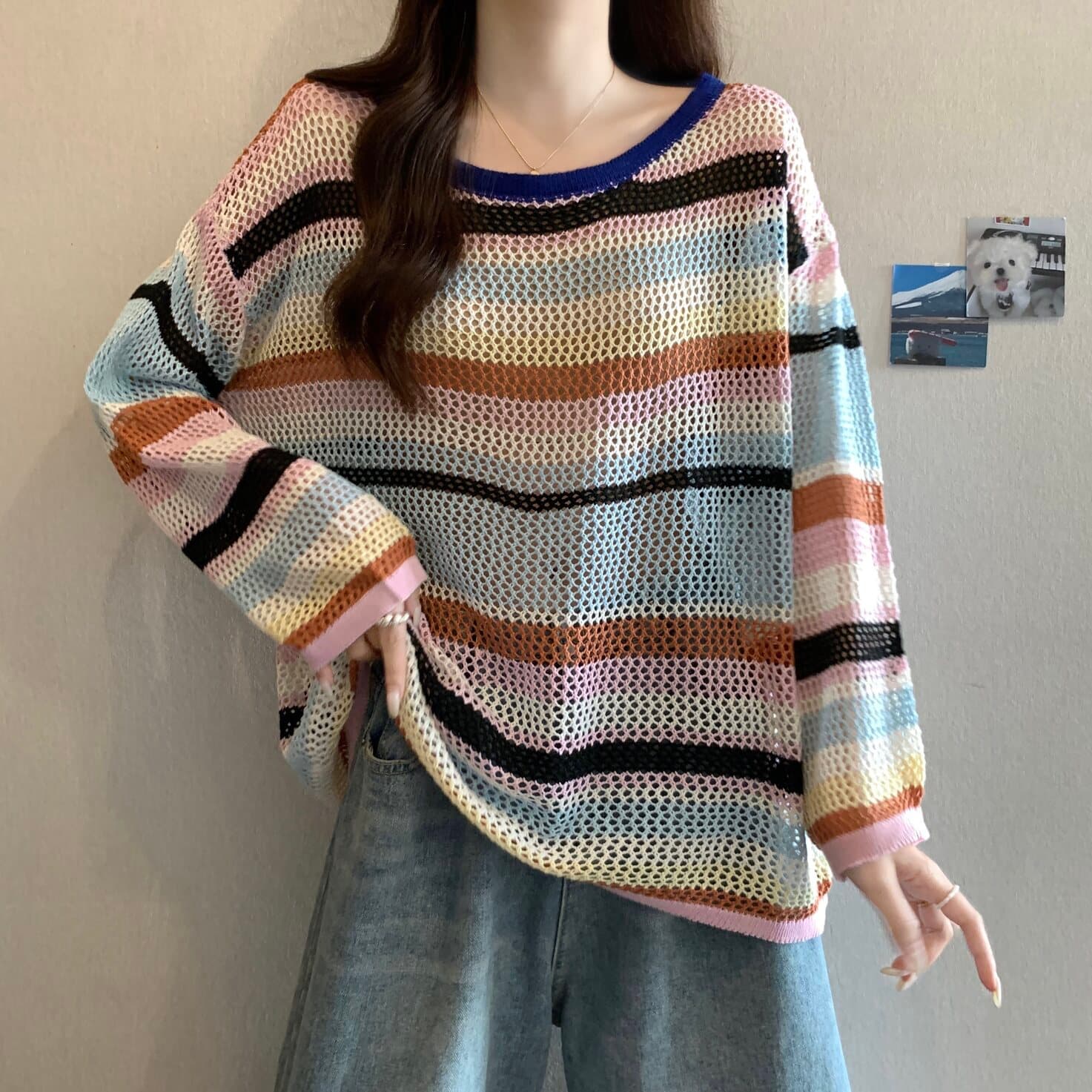 실사 빅 사이즈 여성 의류 도파민 색상 스트라이프 홀로우 아웃 니트 스웨터 지방 mm 루즈핏 풀오버 다용도 맨위 상세 이미지 10