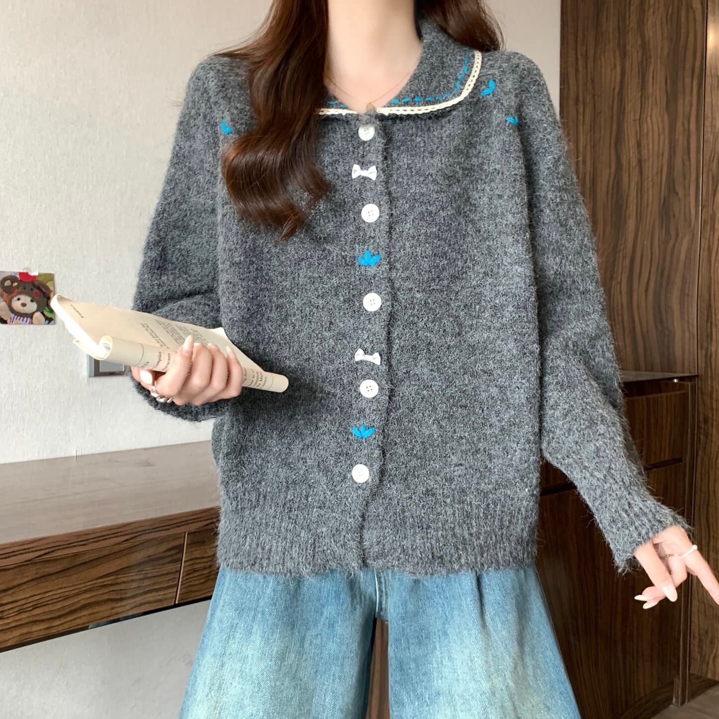 실사 빅 사이즈 여성 의류 달콤함 레이스 레이스 베이비 칼라 색상 버클 니트 오픈 가디건 지방 mm 부드러운 찹쌀 다용도 맨위 이미지 4