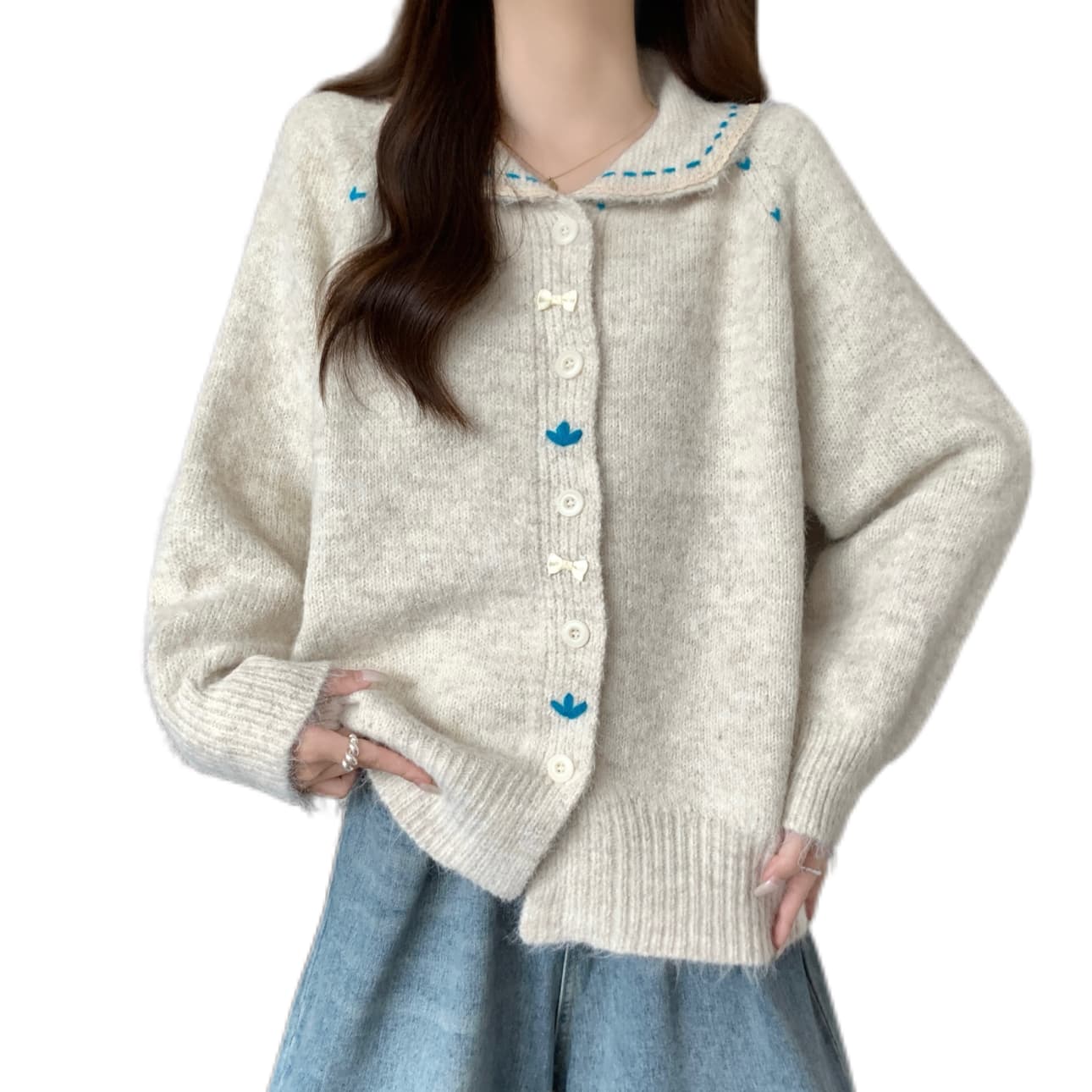 실사 빅 사이즈 여성 의류 달콤함 레이스 레이스 베이비 칼라 색상 버클 니트 오픈 가디건 지방 mm 부드러운 찹쌀 다용도 맨위 이미지 5