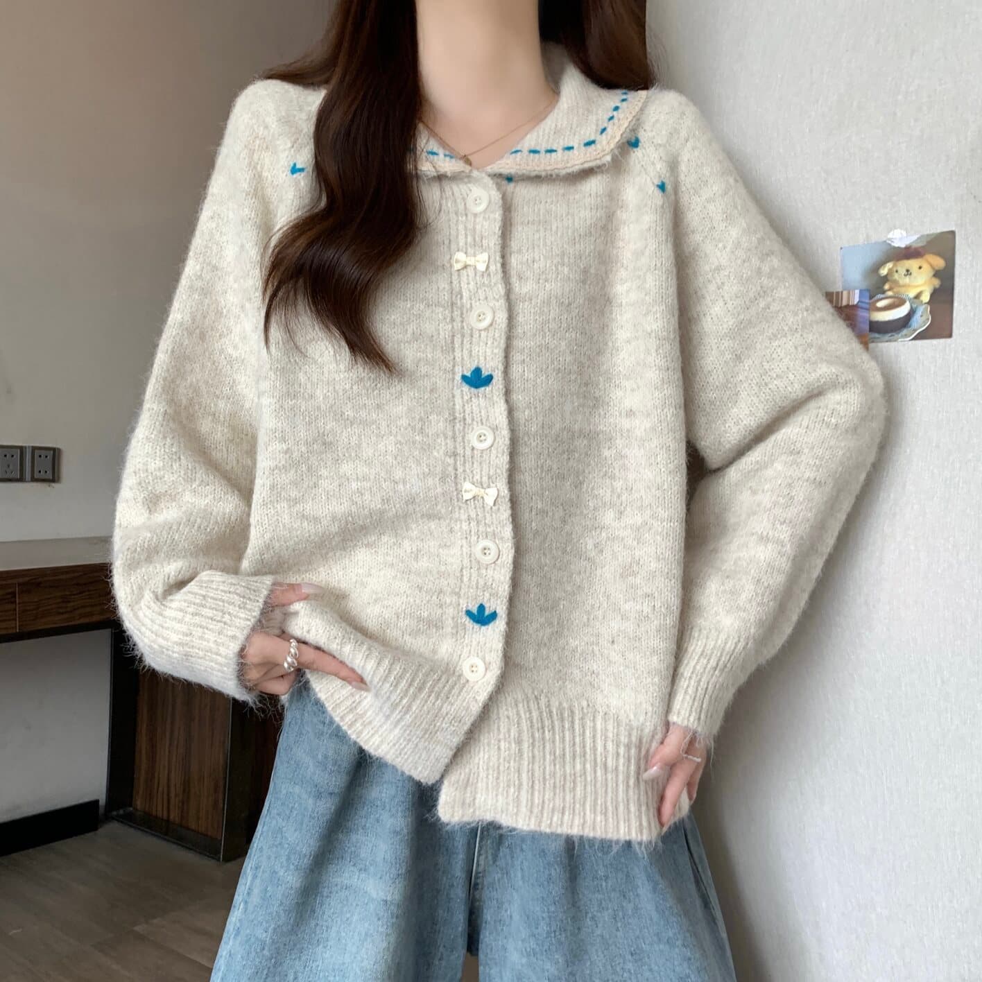 실사 빅 사이즈 여성 의류 달콤함 레이스 레이스 베이비 칼라 색상 버클 니트 오픈 가디건 지방 mm 부드러운 찹쌀 다용도 맨위 상세 이미지 16