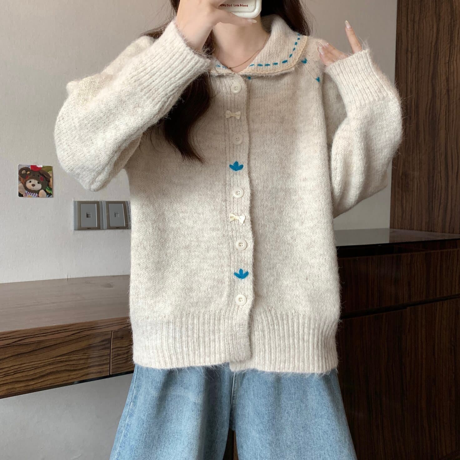 실사 빅 사이즈 여성 의류 달콤함 레이스 레이스 베이비 칼라 색상 버클 니트 오픈 가디건 지방 mm 부드러운 찹쌀 다용도 맨위 상세 이미지 17