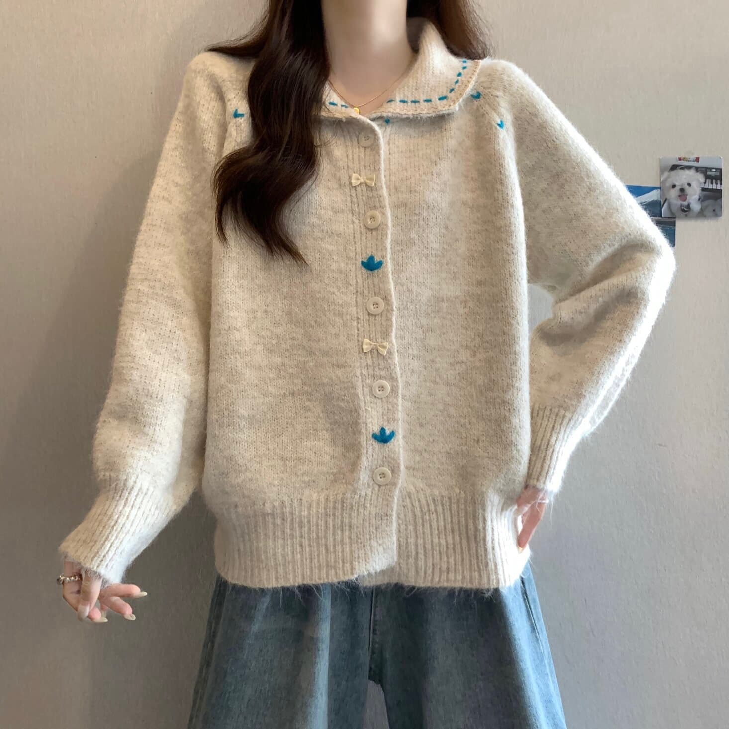 실사 빅 사이즈 여성 의류 달콤함 레이스 레이스 베이비 칼라 색상 버클 니트 오픈 가디건 지방 mm 부드러운 찹쌀 다용도 맨위 상세 이미지 18