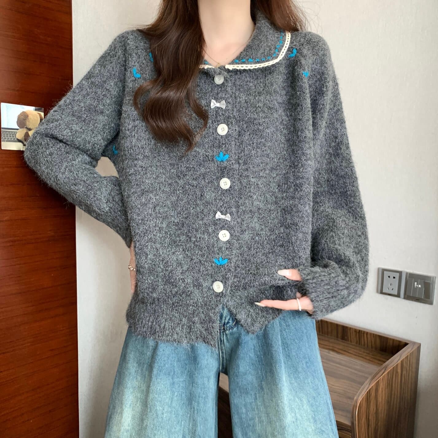 실사 빅 사이즈 여성 의류 달콤함 레이스 레이스 베이비 칼라 색상 버클 니트 오픈 가디건 지방 mm 부드러운 찹쌀 다용도 맨위 상세 이미지 24