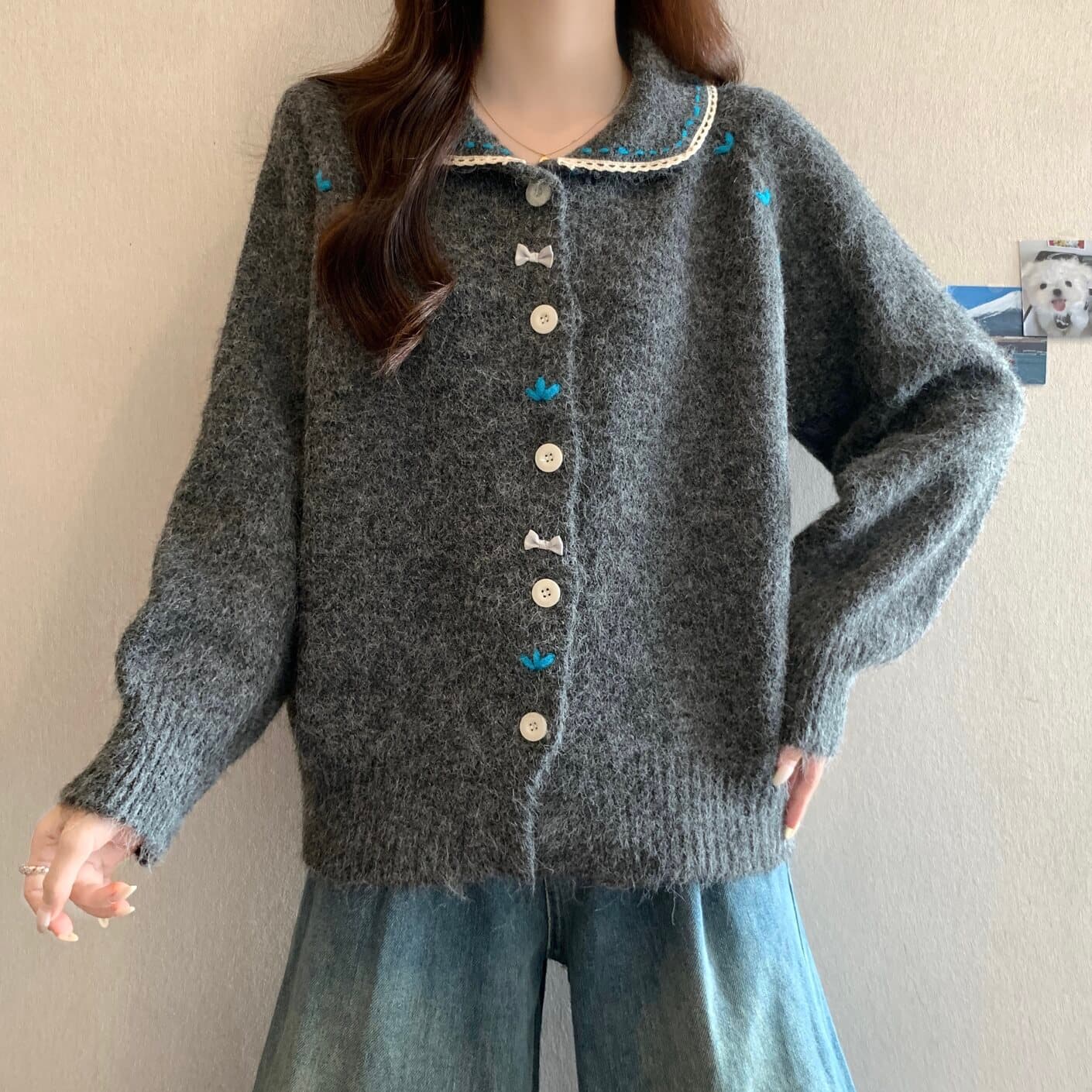 실사 빅 사이즈 여성 의류 달콤함 레이스 레이스 베이비 칼라 색상 버클 니트 오픈 가디건 지방 mm 부드러운 찹쌀 다용도 맨위 상세 이미지 25