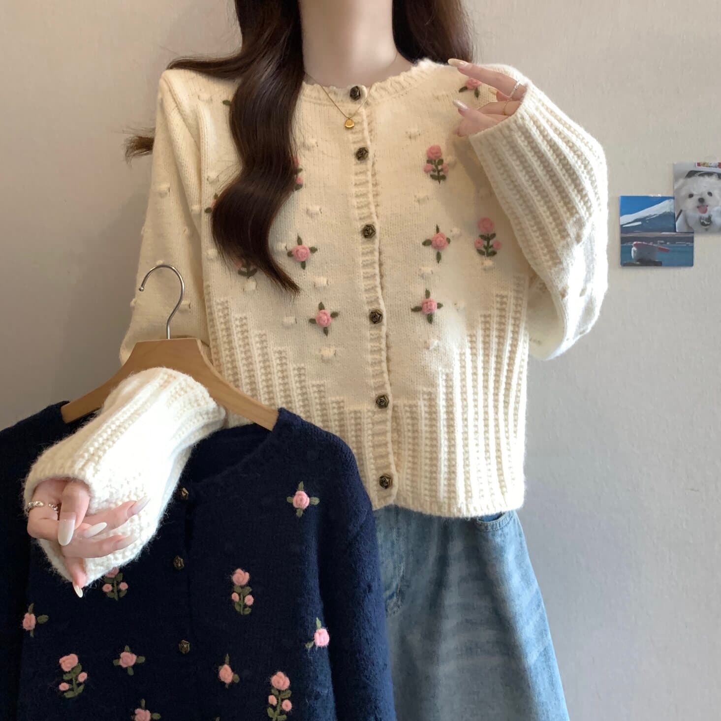 실사 빅 사이즈 여성 한 부서 달콤함 수공 자수 장미 버클 니트 오픈 가디건 스웨터 지방 mm 부드러운 찹쌀 다용도 맨위