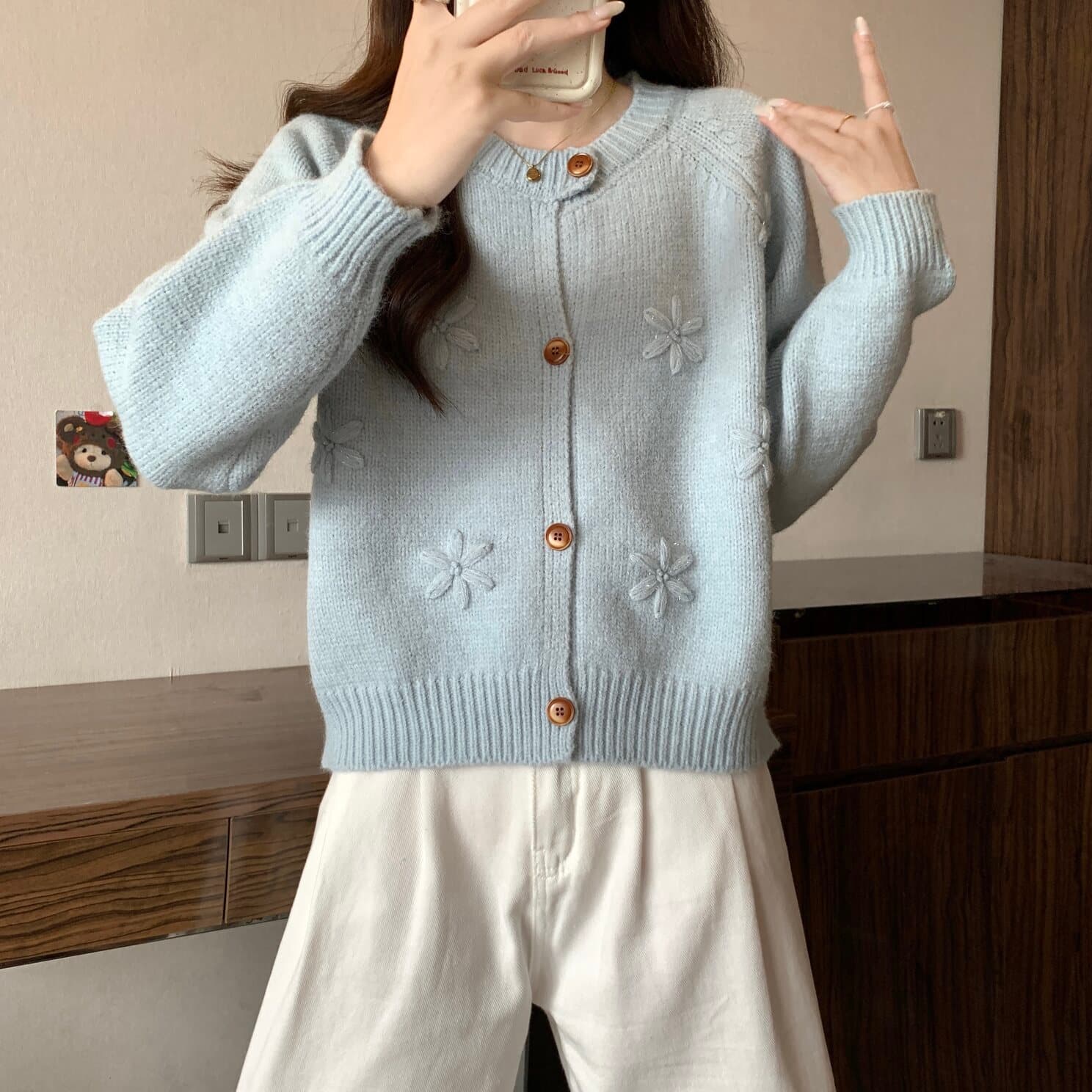 실사 빅 사이즈 여성 의류 한 부서 3 차원 꽃 니트 오픈 가디건 스웨터 지방 mm 부드러운 찹쌀 다용도 맨위 상세 이미지 13