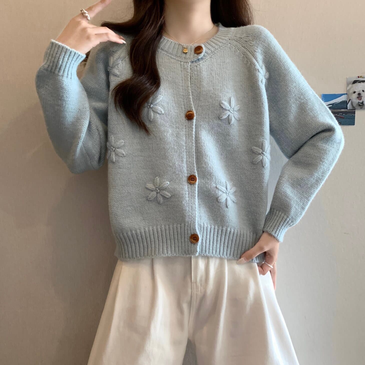 실사 빅 사이즈 여성 의류 한 부서 3 차원 꽃 니트 오픈 가디건 스웨터 지방 mm 부드러운 찹쌀 다용도 맨위 상세 이미지 14