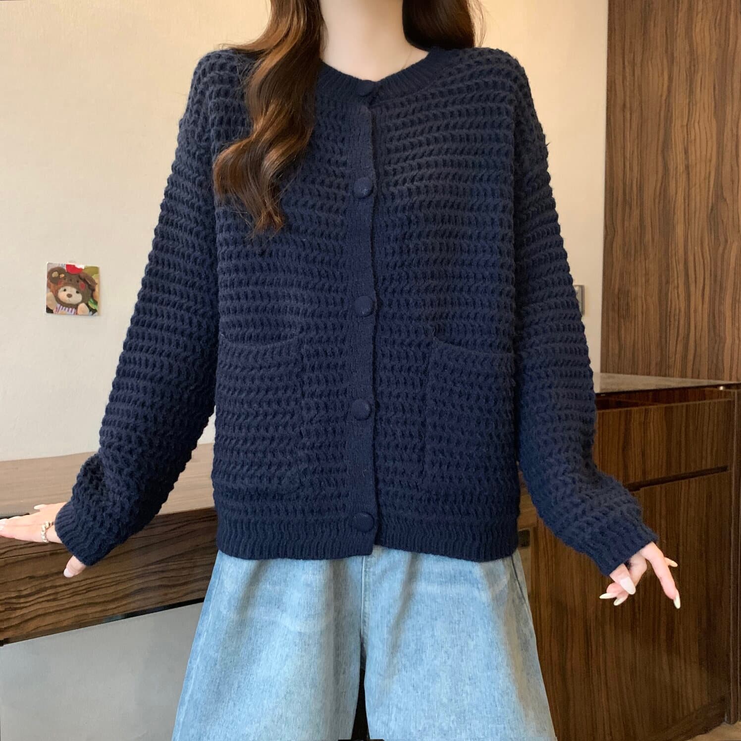 실사 빅 사이즈 여성 의류 느긋한 두꺼운 바늘 자수 단추 니트 오픈 가디건 지방 mm 다용도 주머니 재킷 맨위 상세 이미지 17