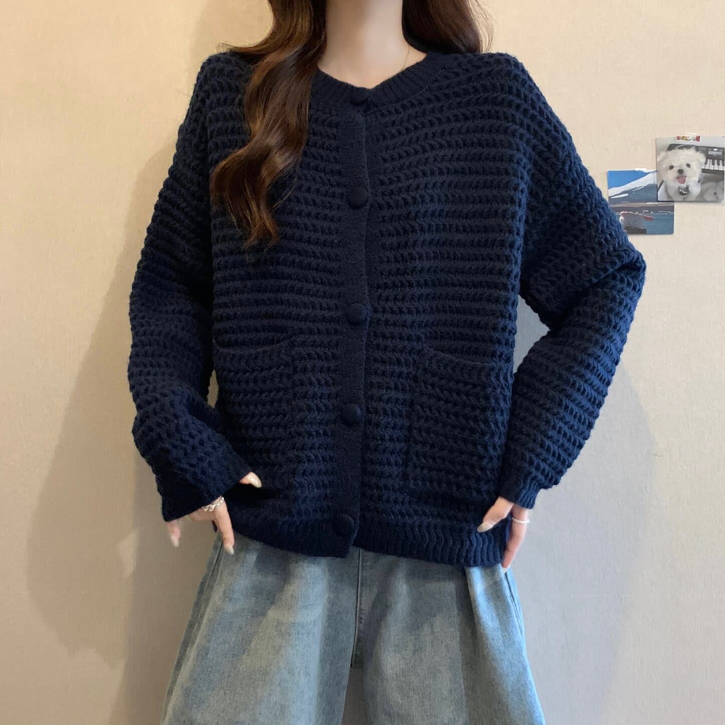 실사 빅 사이즈 여성 의류 느긋한 두꺼운 바늘 자수 단추 니트 오픈 가디건 지방 mm 다용도 주머니 재킷 맨위 상세 이미지 23