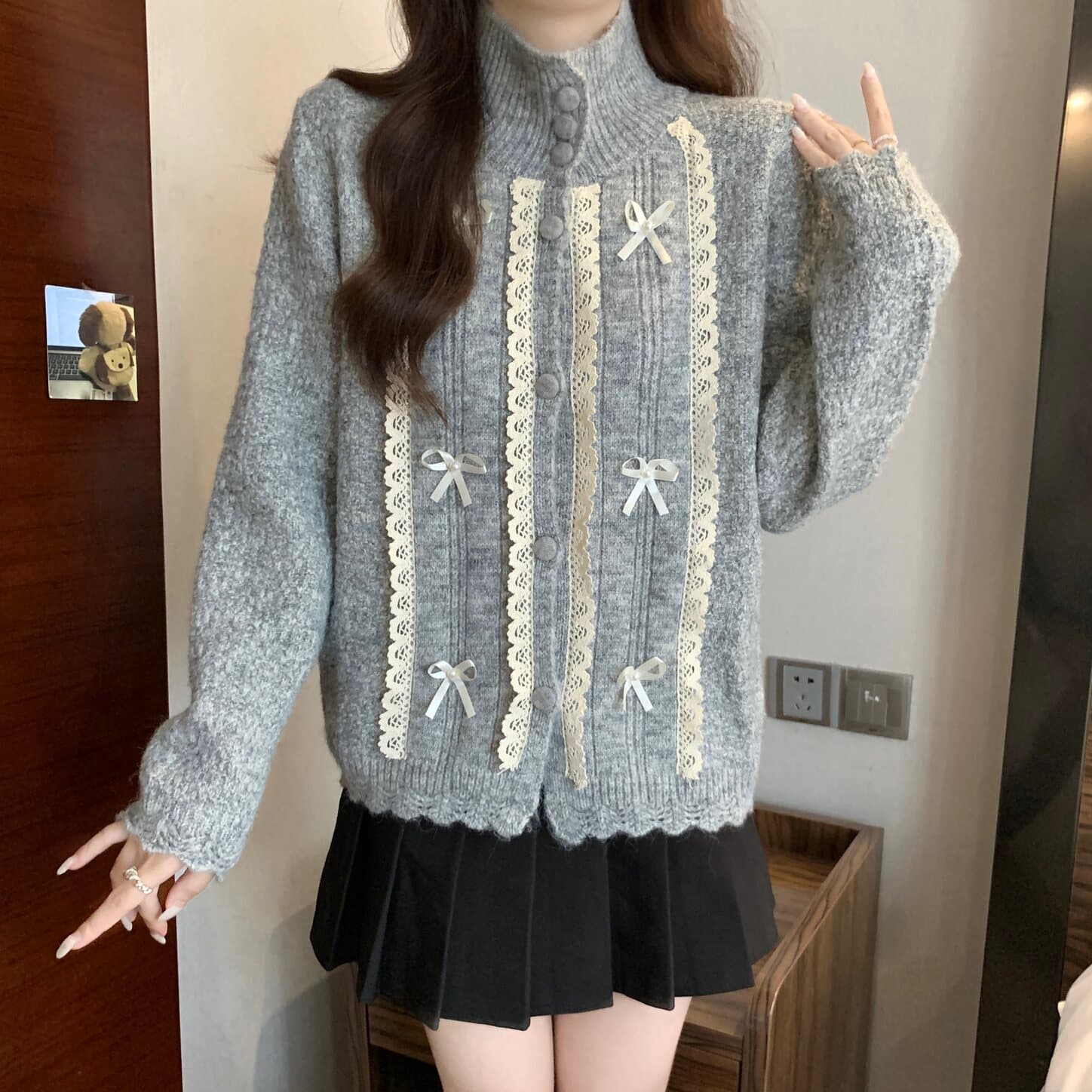 실사 빅 사이즈 여성 의류 달콤함 나비 매듭 레이스 레이스 패치워크 스웨터 지방 mm 부드러운 찹쌀 다용도 맨위 상세 이미지 15