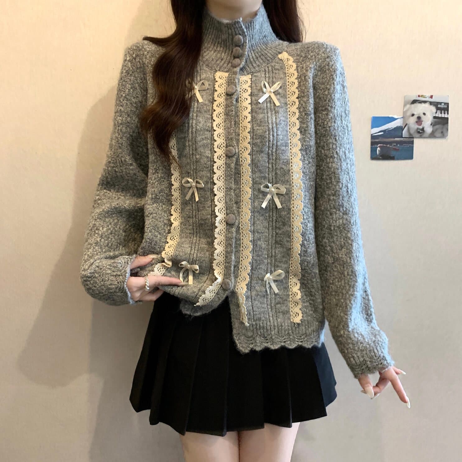 실사 빅 사이즈 여성 의류 달콤함 나비 매듭 레이스 레이스 패치워크 스웨터 지방 mm 부드러운 찹쌀 다용도 맨위 상세 이미지 16