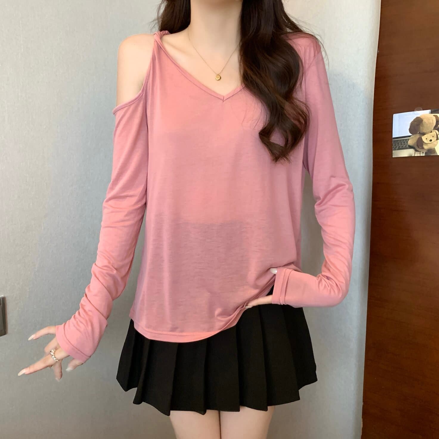 실사 빅 사이즈 여성 의류 한 부서 느긋한 느슨함 센스 오프숄더 긴팔 티셔츠 지방 mm 루즈핏 캐주얼 다용도 맨위 상세 이미지 5