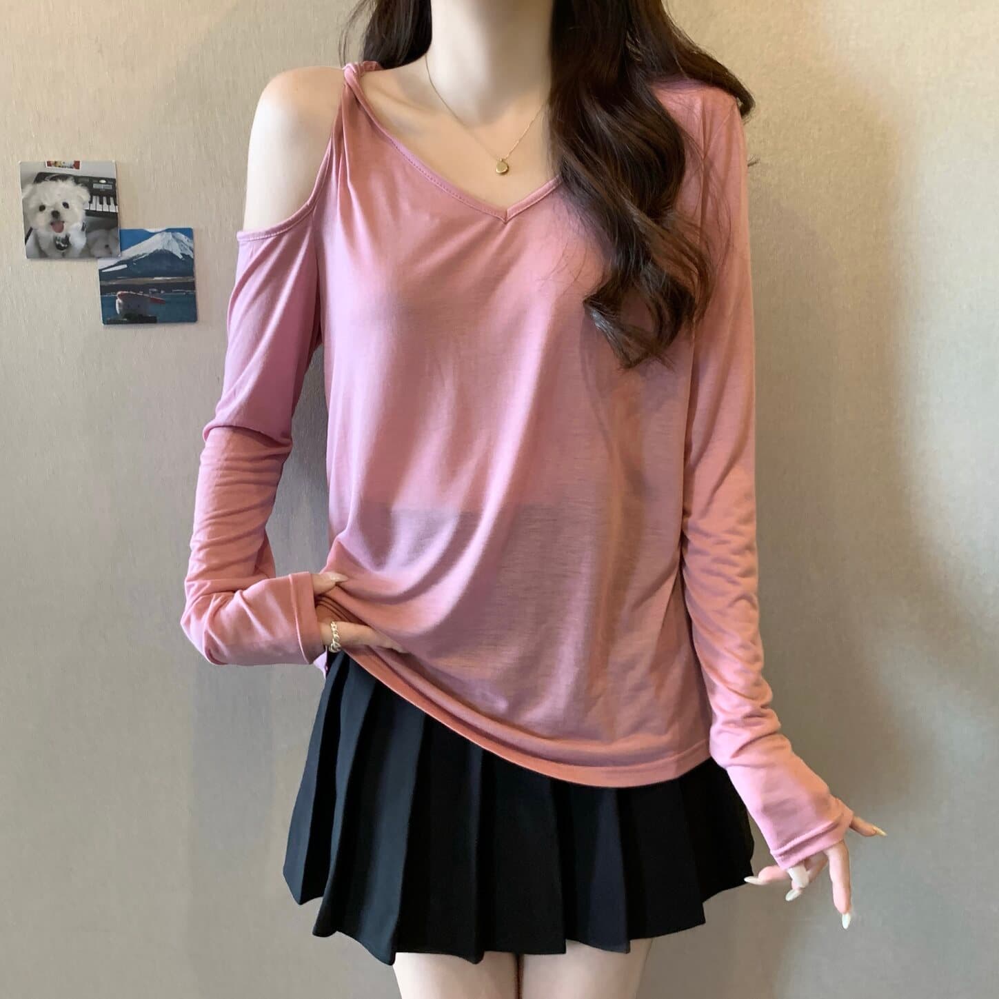 실사 빅 사이즈 여성 의류 한 부서 느긋한 느슨함 센스 오프숄더 긴팔 티셔츠 지방 mm 루즈핏 캐주얼 다용도 맨위 상세 이미지 8