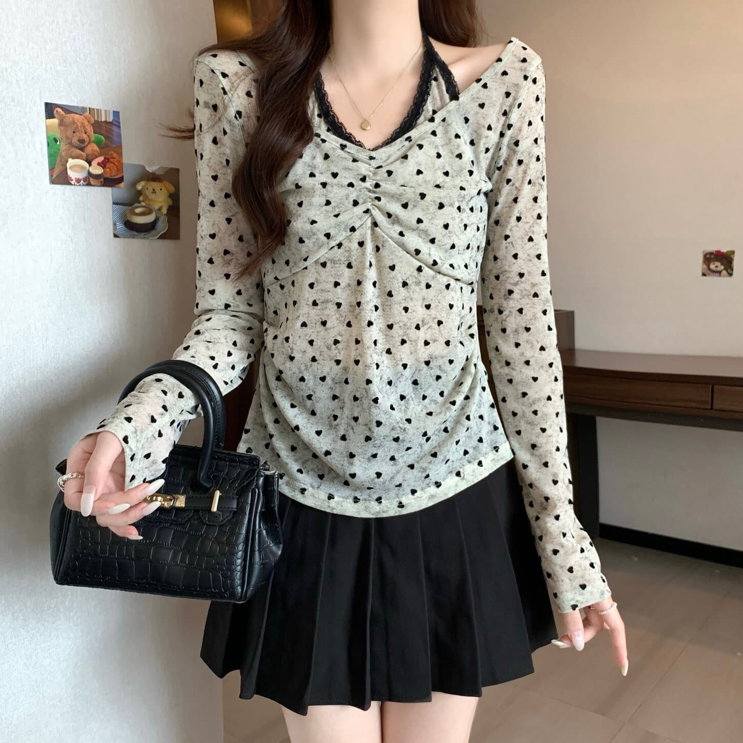 실사 빅 사이즈 순수한 욕망 핫걸 페이크 레이어드 행침 목 하트 프린트 긴팔 티셔츠 지방 mm 슬림해 보이는 다용도 맨위 상세 이미지 2