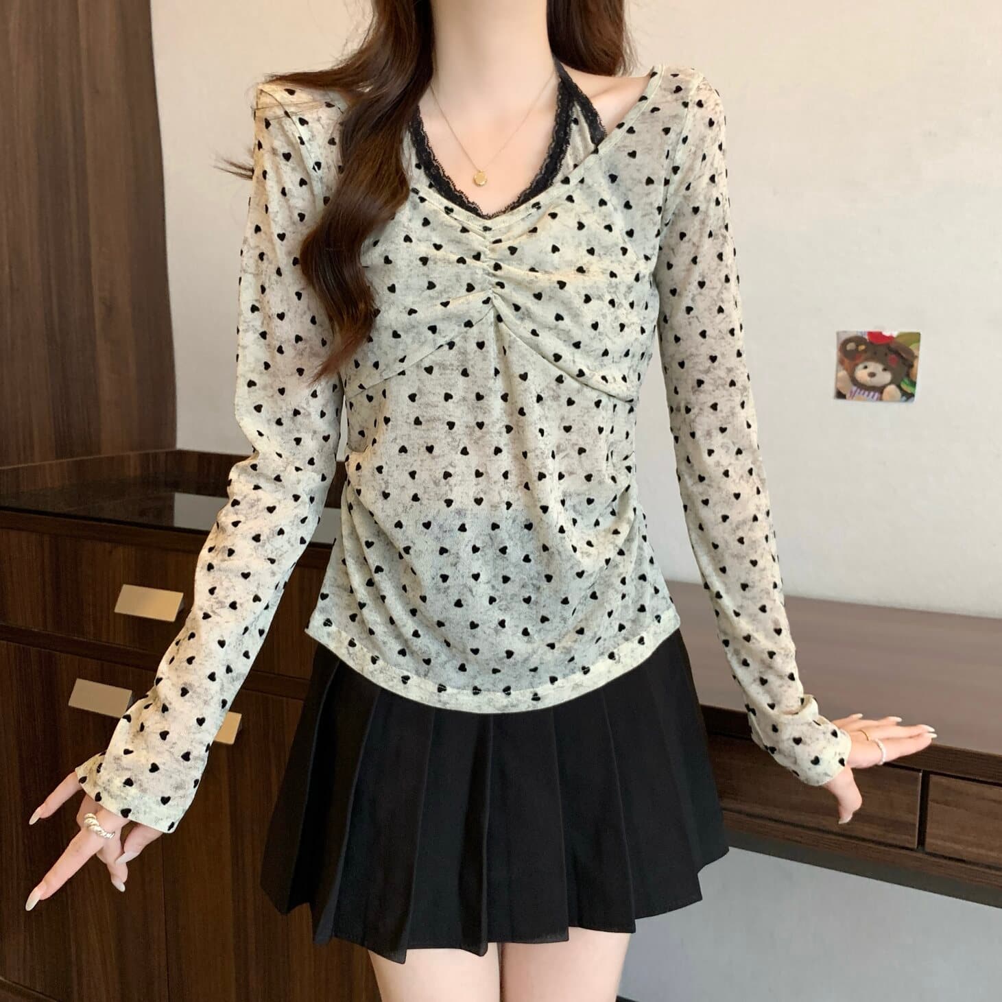 실사 빅 사이즈 순수한 욕망 핫걸 페이크 레이어드 행침 목 하트 프린트 긴팔 티셔츠 지방 mm 슬림해 보이는 다용도 맨위 상세 이미지 5
