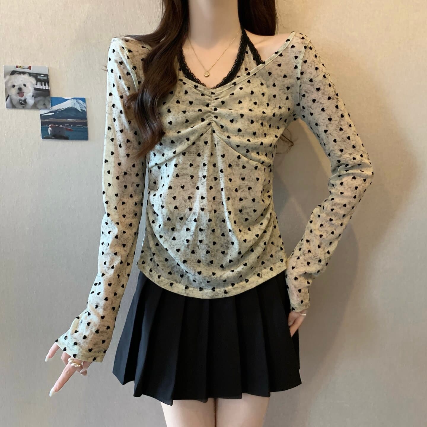 실사 빅 사이즈 순수한 욕망 핫걸 페이크 레이어드 행침 목 하트 프린트 긴팔 티셔츠 지방 mm 슬림해 보이는 다용도 맨위 상세 이미지 9