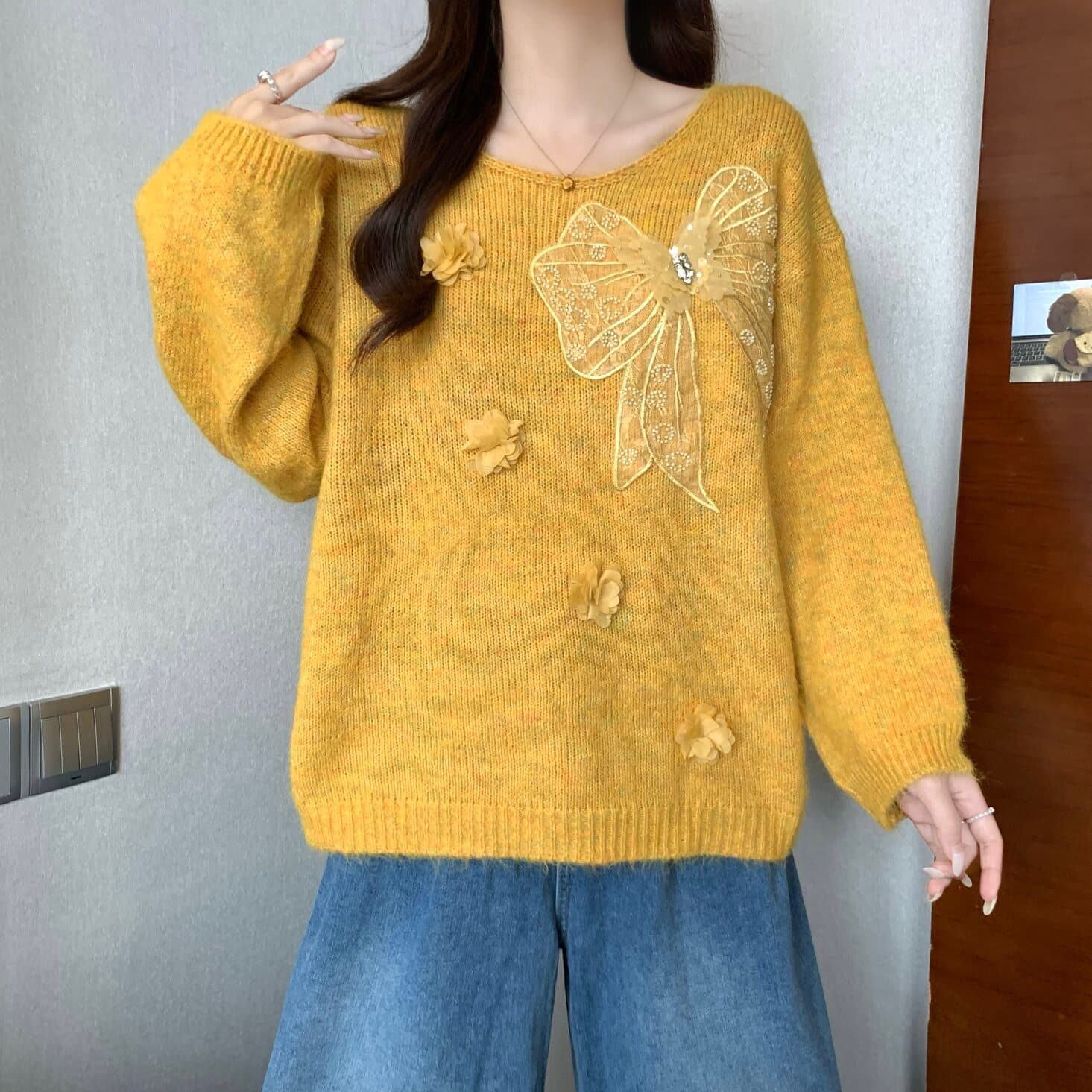실사 빅 사이즈 여성 의류 한 부서 망사 나비 매듭 3 차원 꽃 비즈 박기 스웨터 지방 mm 다용도 부드러운 찹쌀 맨위 상세 이미지 22