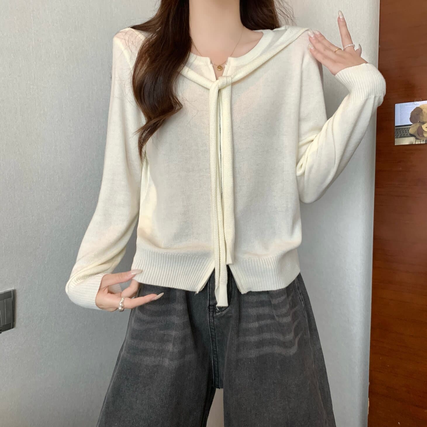 실사 빅 사이즈 여성 의류 디자인 센스 라운드 넥 더블 머리 지퍼 니트 오픈 가디건 지방 mm 다용도 맨위 상세 이미지 5