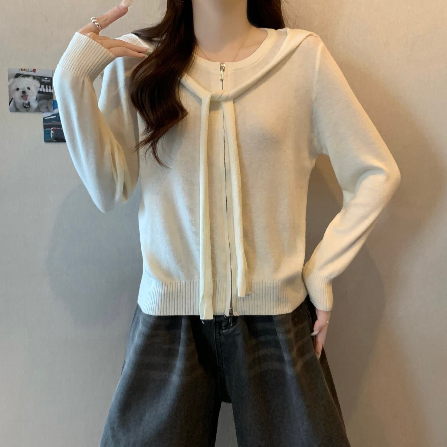 실사 빅 사이즈 여성 의류 디자인 센스 라운드 넥 더블 머리 지퍼 니트 오픈 가디건 지방 mm 다용도 맨위 상세 이미지 9