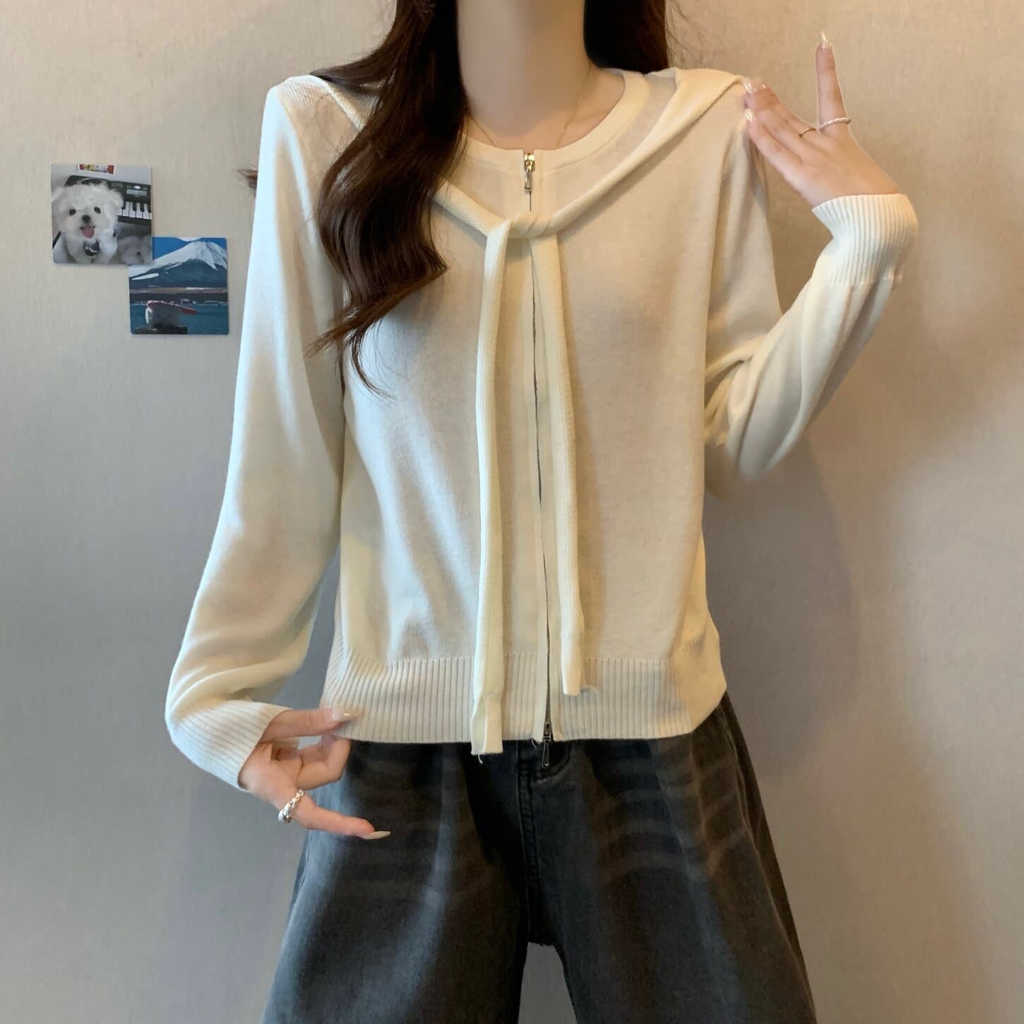 실사 빅 사이즈 여성 의류 디자인 센스 라운드 넥 더블 머리 지퍼 니트 오픈 가디건 지방 mm 다용도 맨위 상세 이미지 10