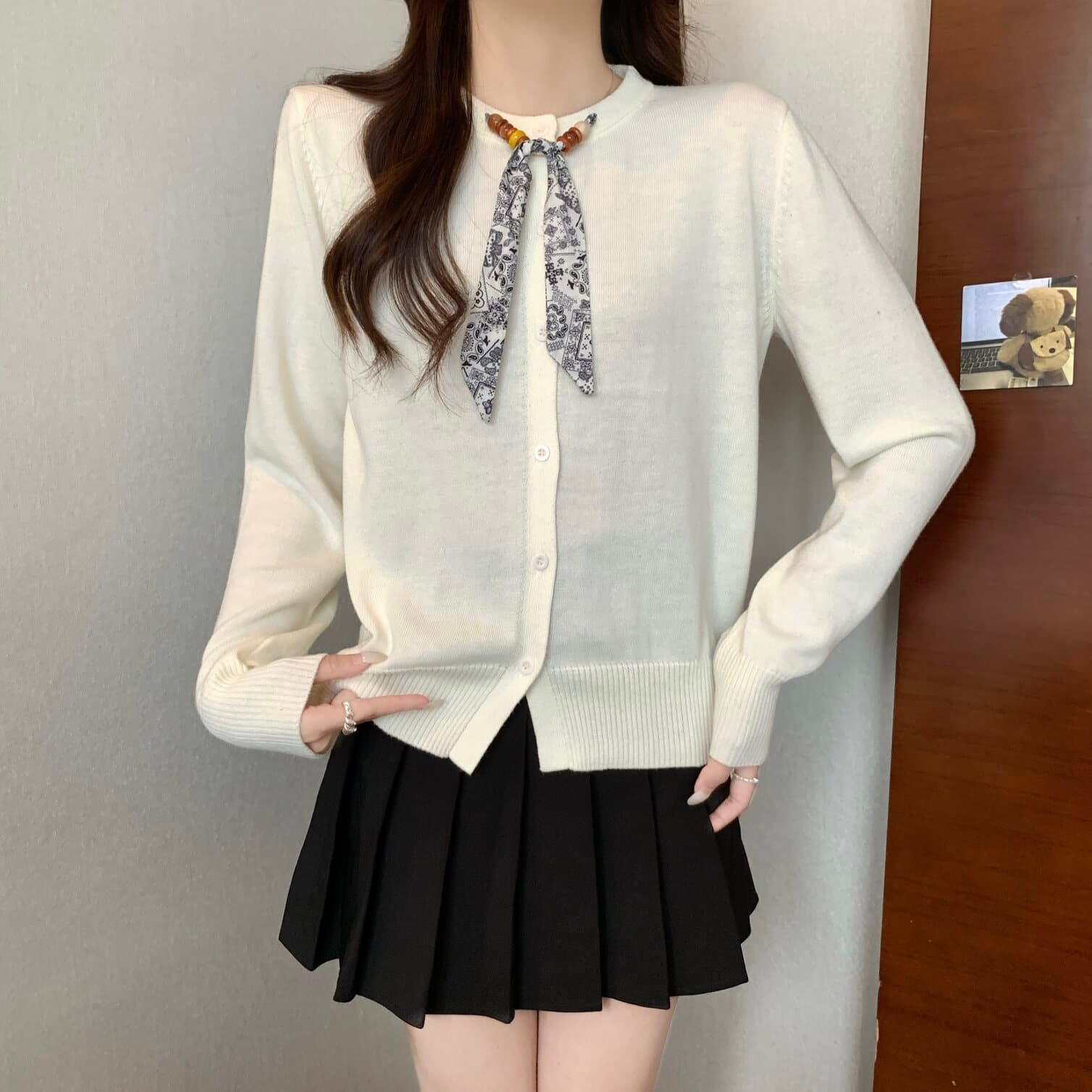 실사 빅 사이즈 여성 의류 디자인 센스 라운드 넥 스카프 넥타이 니트 오픈 가디건 지방 mm 캐주얼 다용도 맨위 이미지 2