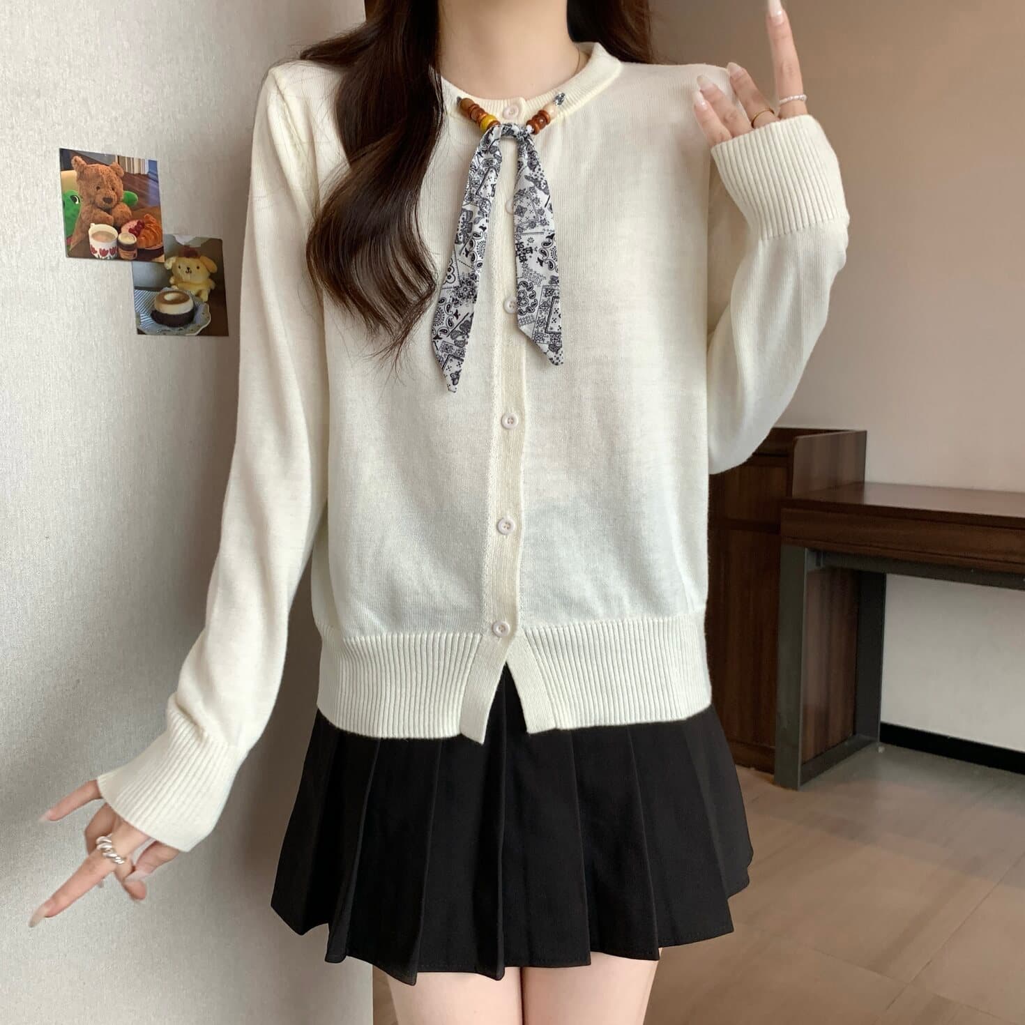 실사 빅 사이즈 여성 의류 디자인 센스 라운드 넥 스카프 넥타이 니트 오픈 가디건 지방 mm 캐주얼 다용도 맨위 상세 이미지 7