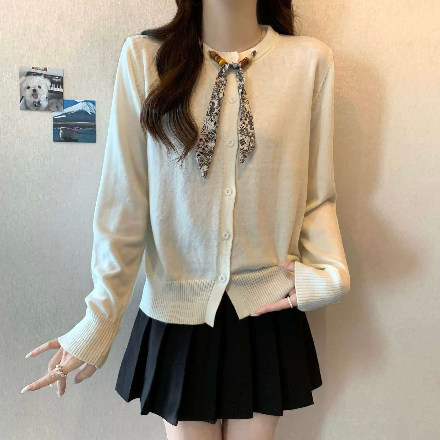 실사 빅 사이즈 여성 의류 디자인 센스 라운드 넥 스카프 넥타이 니트 오픈 가디건 지방 mm 캐주얼 다용도 맨위 상세 이미지 10