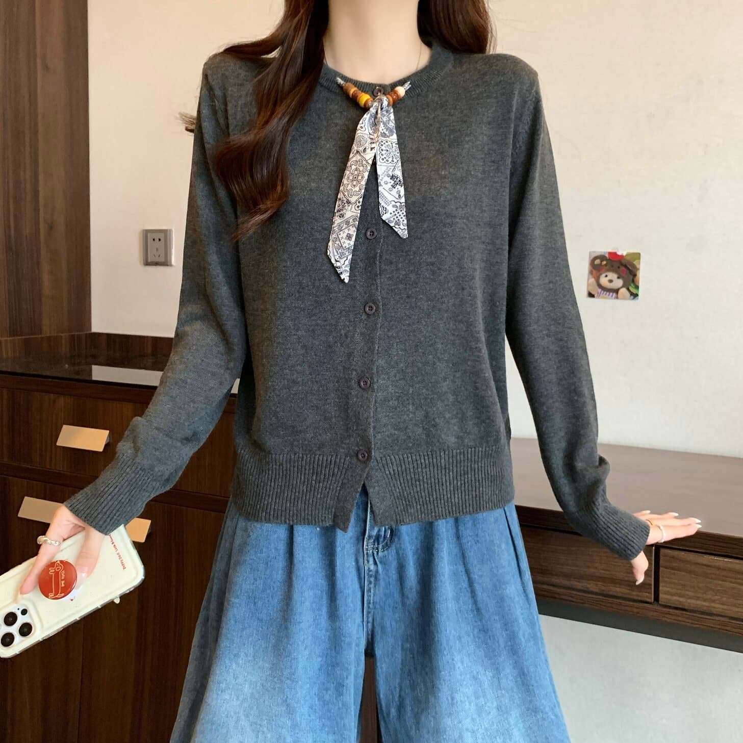 실사 빅 사이즈 여성 의류 디자인 센스 라운드 넥 스카프 넥타이 니트 오픈 가디건 지방 mm 캐주얼 다용도 맨위 상세 이미지 13
