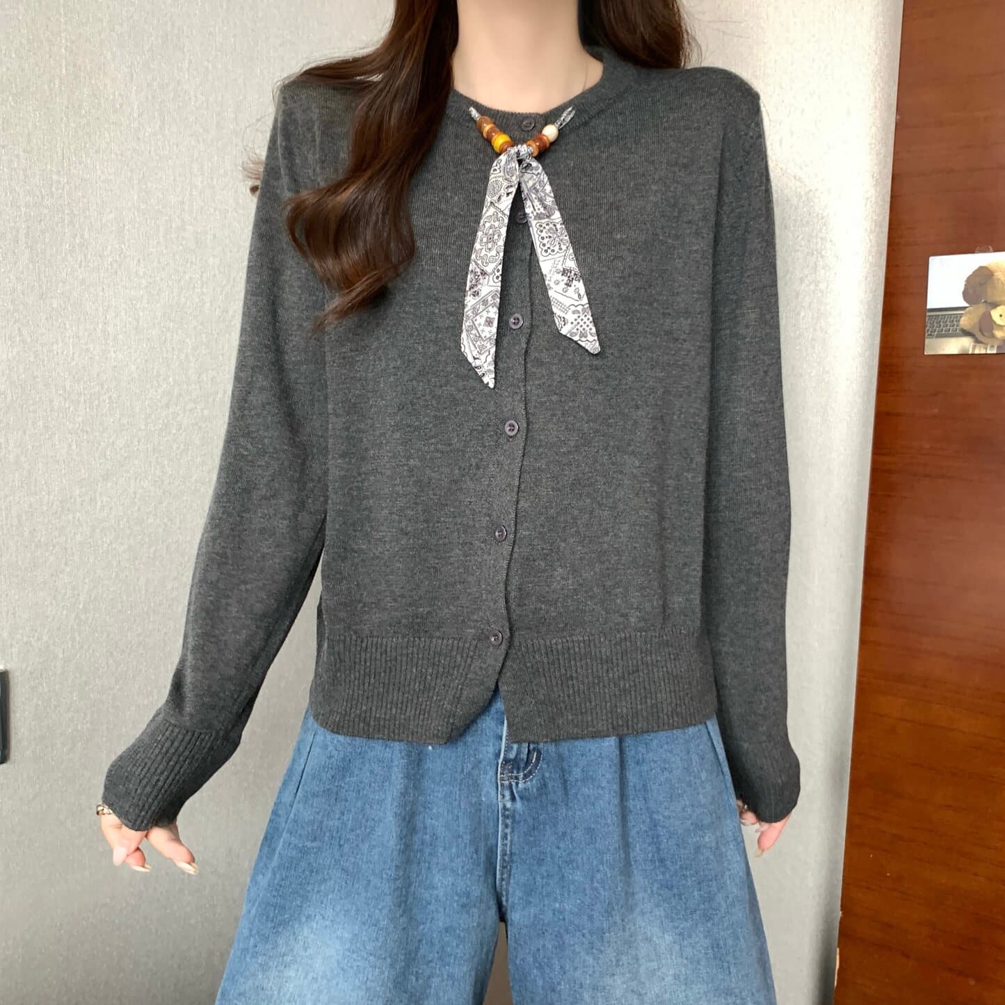 실사 빅 사이즈 여성 의류 디자인 센스 라운드 넥 스카프 넥타이 니트 오픈 가디건 지방 mm 캐주얼 다용도 맨위 상세 이미지 14