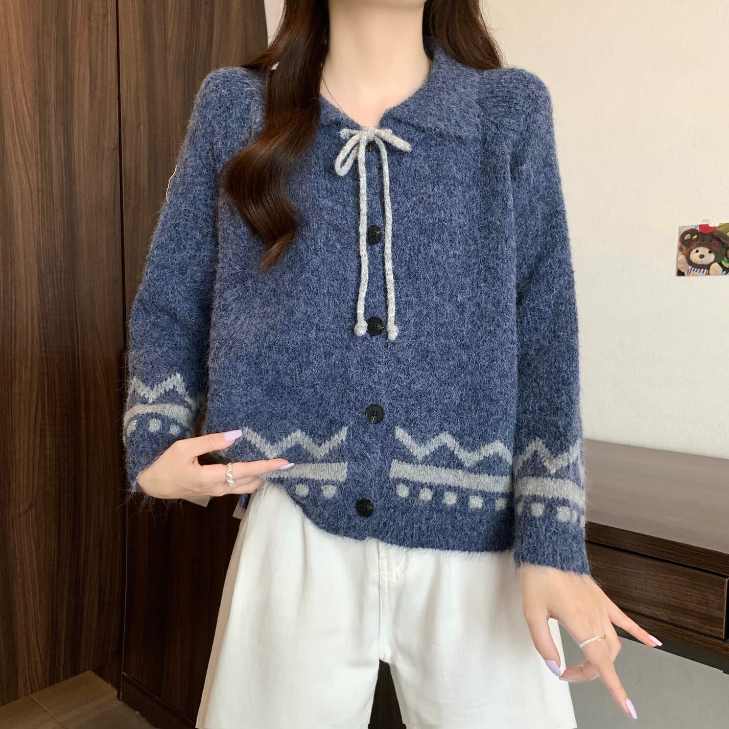 실사 빅 사이즈 여성 의류 한 부서 분위기 센스 폴로 칼라 자카드 오픈 가디건 스웨터 지방 mm 부드러운 찹쌀 다용도 맨위 상세 이미지 12
