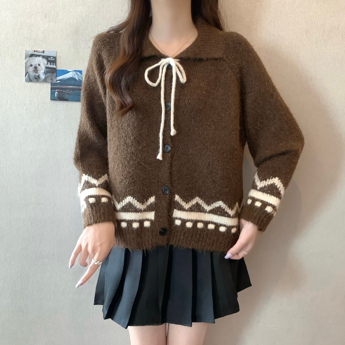 실사 빅 사이즈 여성 의류 한 부서 분위기 센스 폴로 칼라 자카드 오픈 가디건 스웨터 지방 mm 부드러운 찹쌀 다용도 맨위 상세 이미지 24